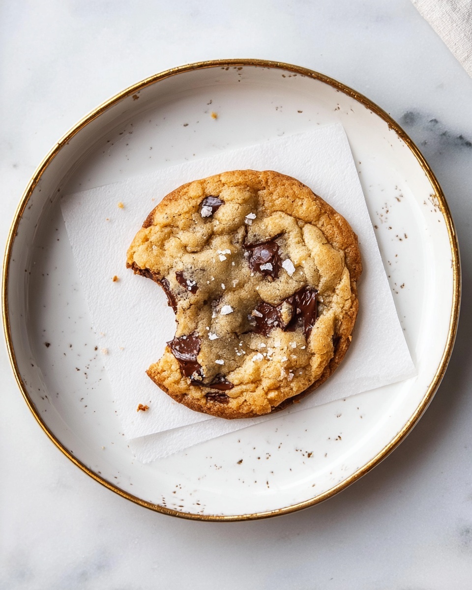 A single chocolate chip cookie with a bite taken out of the top left side sits on a small square piece of white parchment paper, centered on a white plate with a slightly rough texture and a thin golden rim. The cookie is golden brown with darker edges and visible large dark chocolate chunks embedded in the dough. There are small white flakes of sea salt sprinkled sparsely on top of the cookie. The plate is placed on a surface with a white marbled texture. photo taken with an iphone --ar 4:5 --v 7