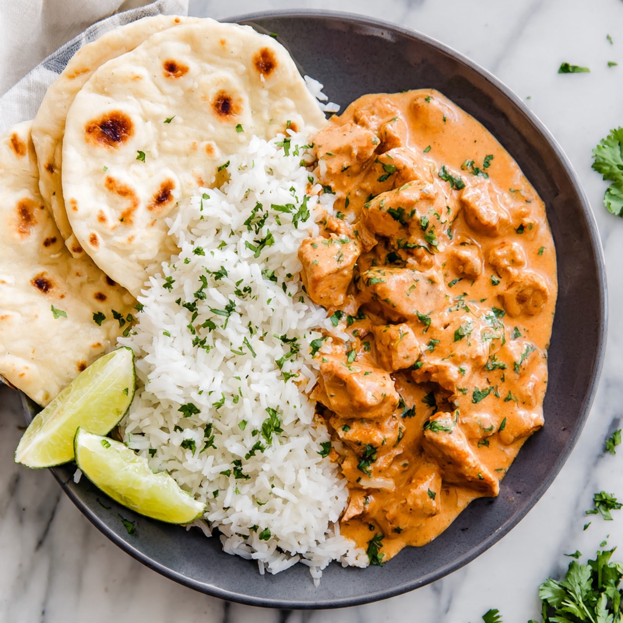 The image shows a close-up of a dish with three layers: the bottom layer is white rice with soft and fluffy texture, in the middle there are chunks of orange-brown curry-coated meat covered in creamy, smooth sauce, and the top layer is scattered fresh green herb leaves adding a light contrast. Behind the main focus, there is a wedge of lime and an obscured portion of rice, all served on a white plate with a slightly raised edge, placed on a white marbled surface. photo taken with an iphone --ar 4:5 --v 7