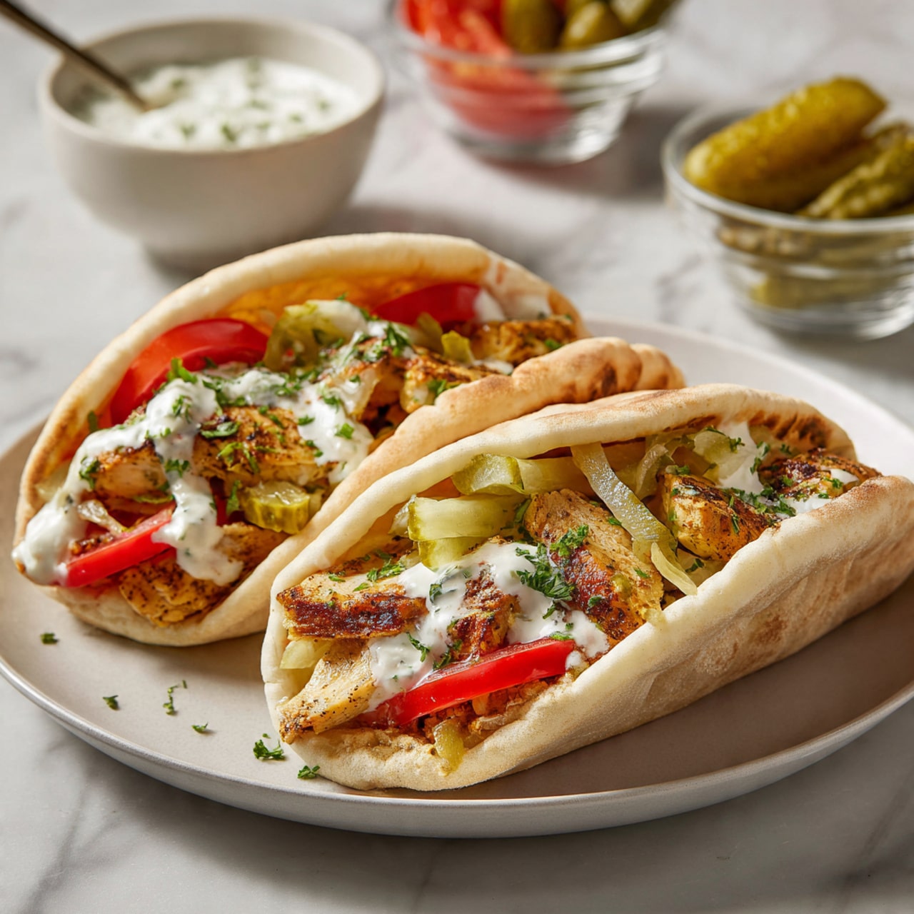 Two pita wraps are placed side by side on a white plate on a white marbled surface. Each pita wrap has several layers starting with a soft light beige pita bread that folds around the fillings. Inside, there are golden brown grilled chicken pieces layered with bright red tomato wedges, pale green pickle slices, and thin slivers of white onion. A dollop of white creamy sauce is spread near the bottom inside the wraps and topped with chopped green herbs. In the background, a white bowl holds more white sauce with a spoon, and two glass bowls contain green pickles and tomato slices. Some chopped green herbs are scattered on the plate and surface around the wraps. Photo taken with an iphone --ar 4:5 --v 7