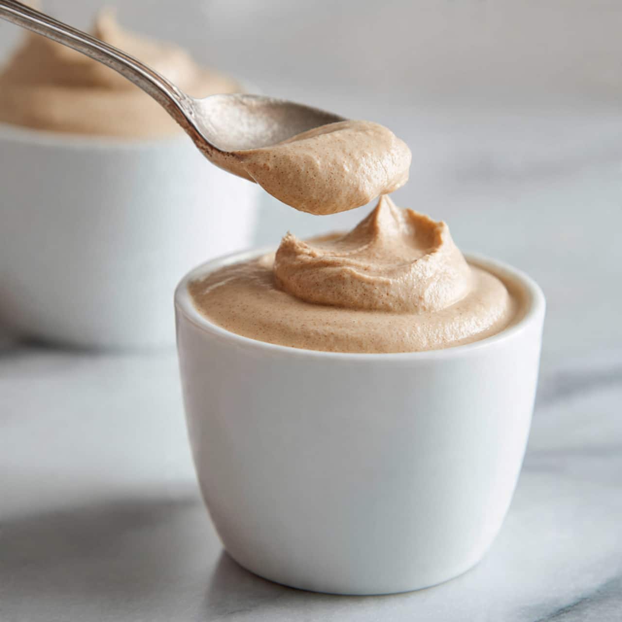 A white cup filled with light brown creamy mousse is placed on a white marbled surface. A woman's hand holds a silver spoon above the cup, scooping some of the mousse that looks smooth and thick. The background is softly blurred with another similar white cup visible in the back, creating a cozy soft mood. photo taken with an iphone --ar 4:5 --v 7