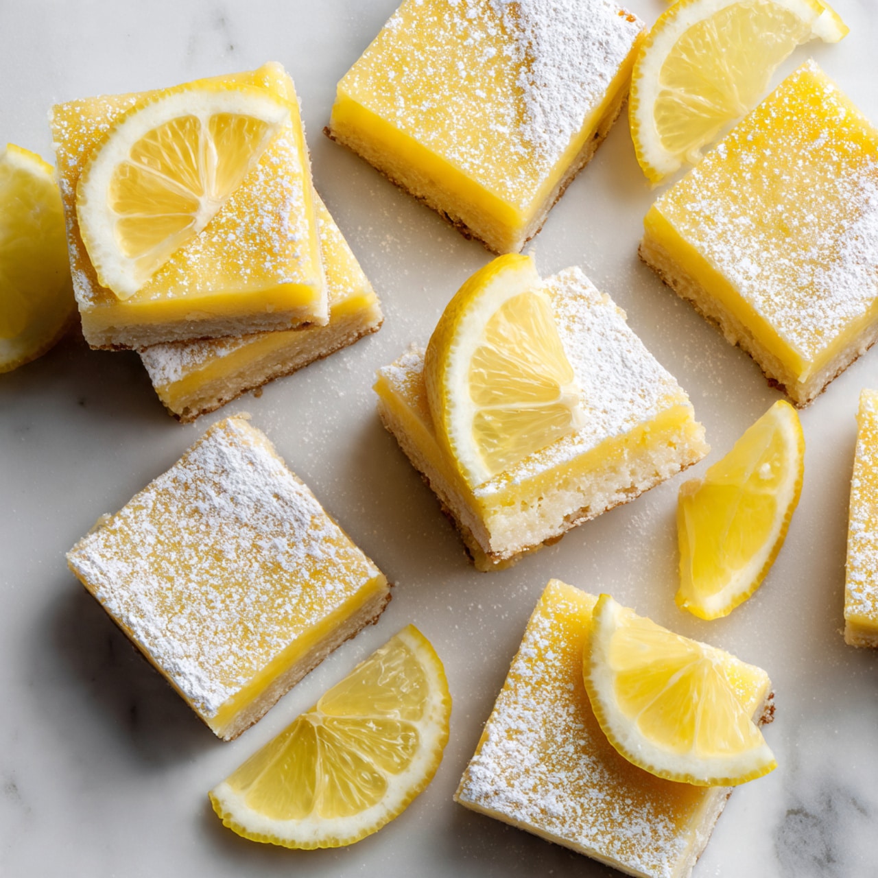The image shows a white marbled surface with a group of 16 square lemon bars arranged in a 4 by 4 grid. Each bar has two layers: a thick, bright yellow bottom layer with a soft, slightly shiny texture, and a thin, pale dusted top layer of powdered sugar giving a fine white coating. Several lemon wedges with bright yellow skin and juicy pale yellow flesh are placed on top of and around the bars in a casual, scattered manner. Two lemon bars are stacked, showing the distinct two layers clearly, while the others lie flat on the surface. photo taken with an iphone --ar 4:5 --v 7