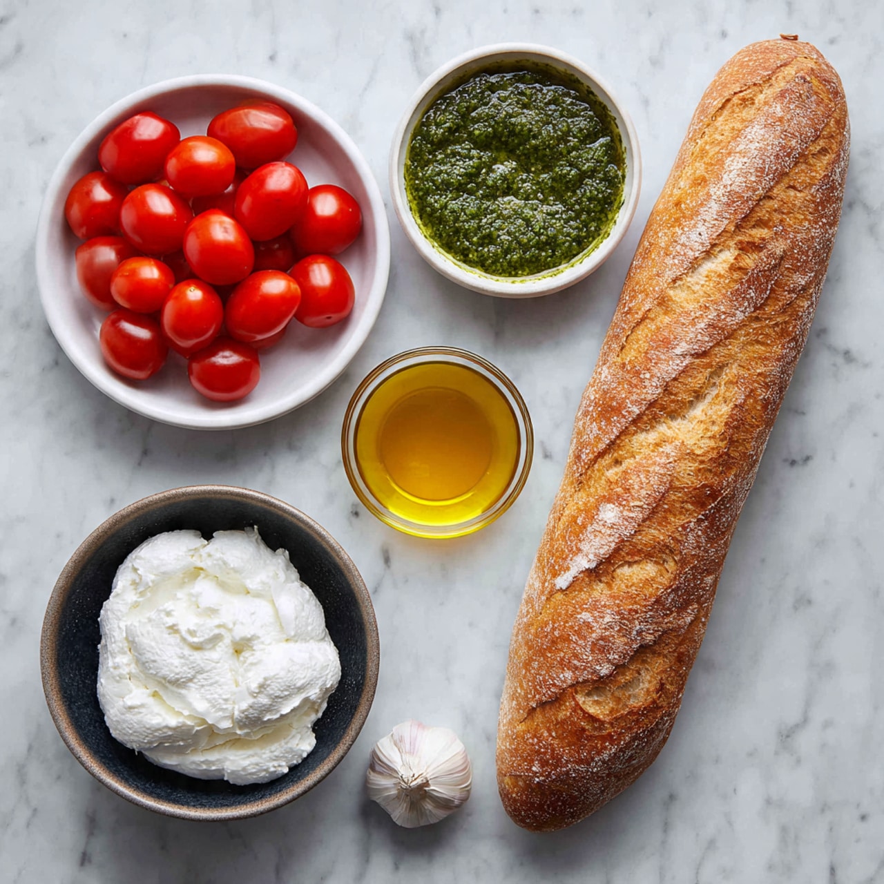 The image shows ingredients laid out on a white marbled surface: a long, crusty baguette with a golden brown, textured crust placed vertically on the right side; a white bowl filled with bright red cherry tomatoes at the top left; a small white bowl with a green pesto sauce above the baguette; a glass cup filled with golden olive oil below the pesto; a dark bowl holding soft white ricotta cheese near the bottom left; and a small white dish holding a single clove of garlic in the center. Photo taken with an iphone --ar 4:5 --v 7