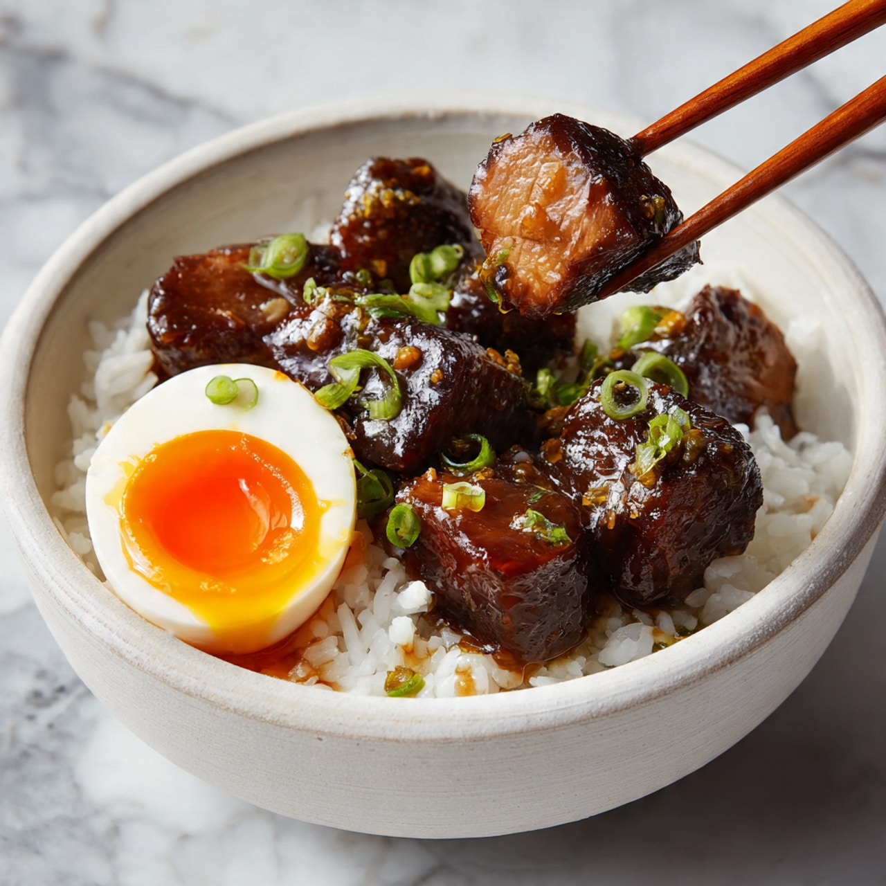 The image shows a white bowl filled with three main layers. The bottom layer is white rice with a soft look. The middle layer consists of thick, glossy pieces of cooked meat, dark brown with a shiny glaze and small green onion pieces sprinkled on top. The top layer has a shiny half boiled egg with a bright orange yolk placed on the side of the bowl. A pair of wooden chopsticks held by a woman's hand is lifting one piece of meat, showing its juicy and tender inside. The bowl sits on a white marbled surface. Photo taken with an iphone --ar 4:5 --v 7