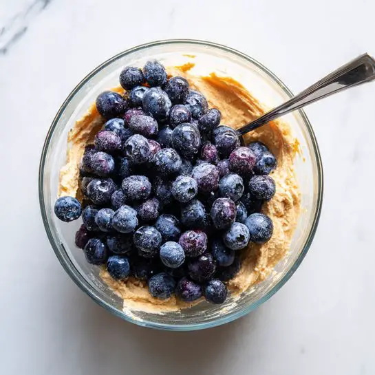 A clear glass bowl sits on a white marbled surface, filled with light brown batter that has a soft, slightly grainy texture. On top of the batter, there is a generous pile of deep blue and purple blueberries with a slightly frosty look. A metal spoon with a shiny silver handle rests in the batter, slightly leaned to one side. The lighting is bright, highlighting the rich colors of the blueberries and the smoothness of the batter. Photo taken with an iphone --ar 4:5 --v 7