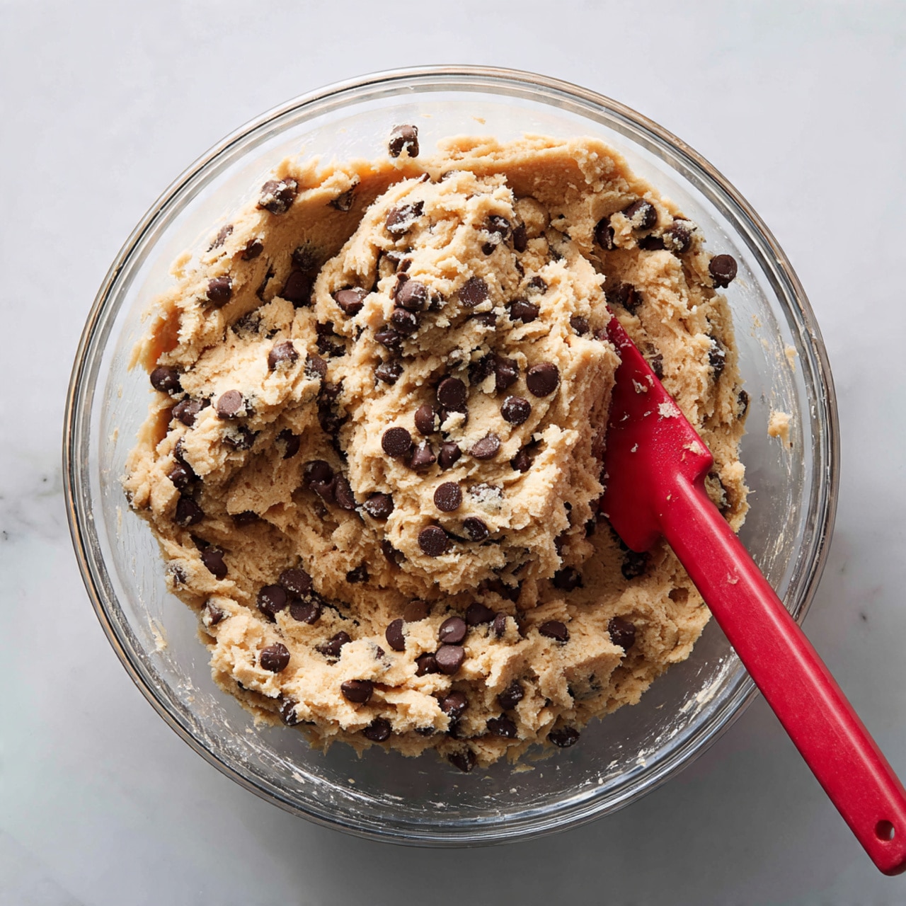 A clear glass bowl filled with thick, light brown cookie dough mixed evenly with many small, dark chocolate chips scattered throughout the batter. A red silicone spatula is partially submerged on the right side of the dough, showing some dough on its blade. The bowl sits on a white marbled surface, and the image is taken from above, focusing closely on the texture of the dough and chips. photo taken with an iphone --ar 4:5 --v 7