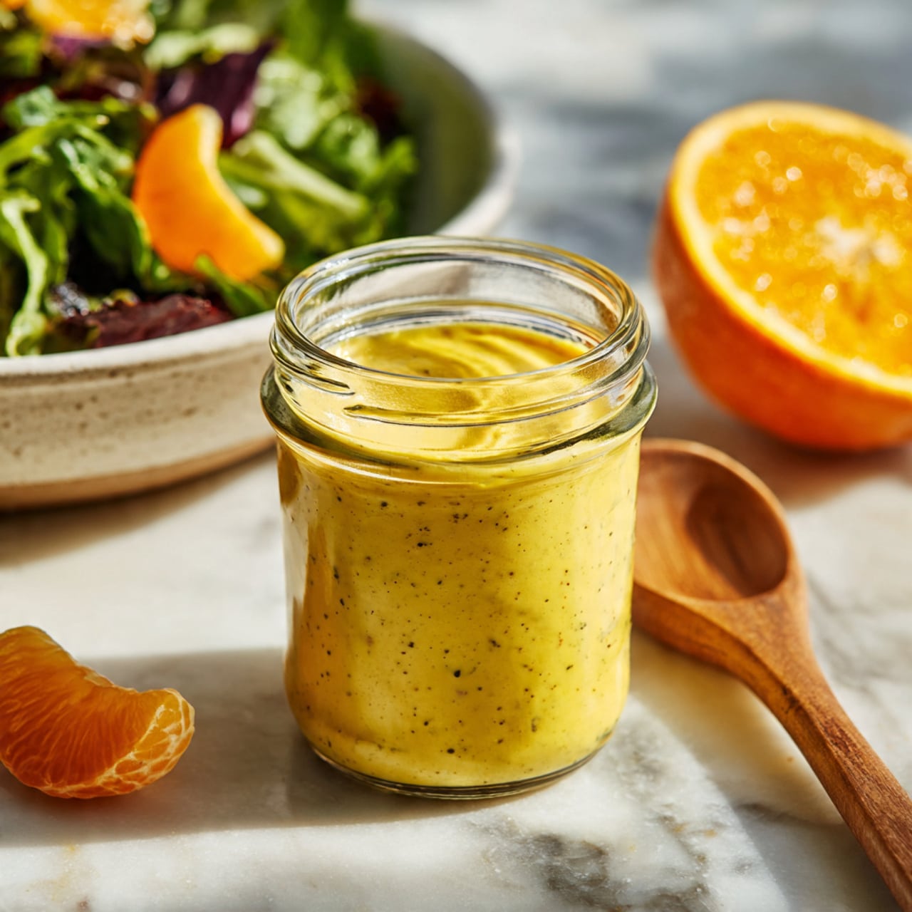 A white bowl filled with fresh green lettuce leaves layered with slices of yellowish lemon and green chili peppers, sprinkled with fine herbs and spices. A clear glass bottle is tilted above the salad, pouring a golden, slightly thick dressing over the ingredients. In the background, a jar with a honey dipper rests on a white marbled surface, and a sliced orange half is partly seen in the foreground. The overall colors are mostly green and yellow, with the bottle and dressing adding a shiny texture to the dish, photo taken with an iphone --ar 4:5 --v 7