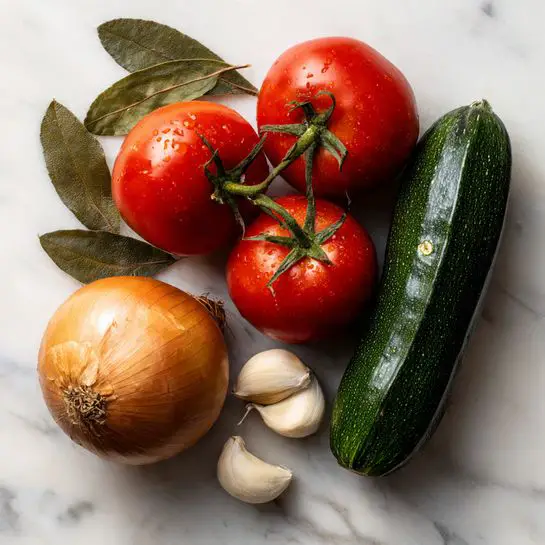 The image shows fresh ingredients arranged on a white marbled surface, including a dark green zucchini on the right, three red tomatoes with two still attached to a vine in the center, an unpeeled brown onion at the bottom left, two garlic cloves above the onion, and two shiny dark green bay leaves placed next to the garlic. All the ingredients appear fresh with natural textures visible. photo taken with an iphone --ar 4:5 --v 7