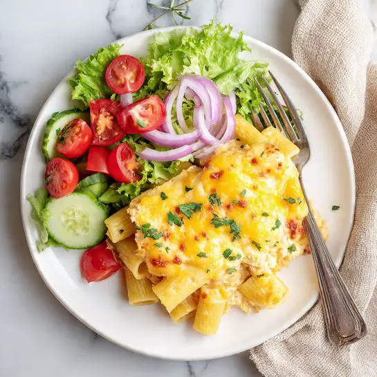 A white plate holds a layered pasta dish and a fresh side salad. The pasta has two layers: the bottom layer shows rigatoni pasta mixed with a creamy orange sauce, and the top layer is melted light yellow cheese with green herb specks scattered on top. Beside the pasta, bright green lettuce leaves lay as the salad base, topped with quartered red cherry tomatoes, thin slices of purple onion, and chunks of cucumber. A fork rests on the plate near the pasta, and the plate sits on a white marbled surface with a beige cloth nearby. Photo taken with an iphone --ar 4:5 --v 7