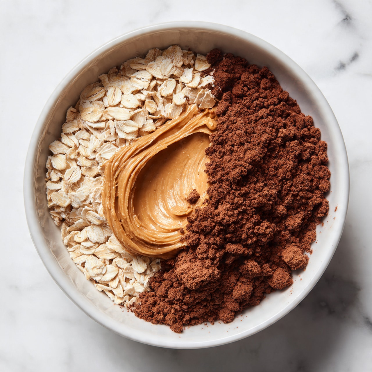 A white bowl sits on a white marbled surface, filled with layers of dry ingredients before mixing. The bottom layer is a dark brown cocoa powder, unevenly spread with some small clumps. On top of that, there are light tan rolled oats scattered on one side. In the center sits a thick, smooth, light brown dollop of peanut butter that has soft swirls on its surface. The bowl is clean around the edges, showing the contrast between the ingredients and the white ceramic. Photo taken with an iphone --ar 4:5 --v 7