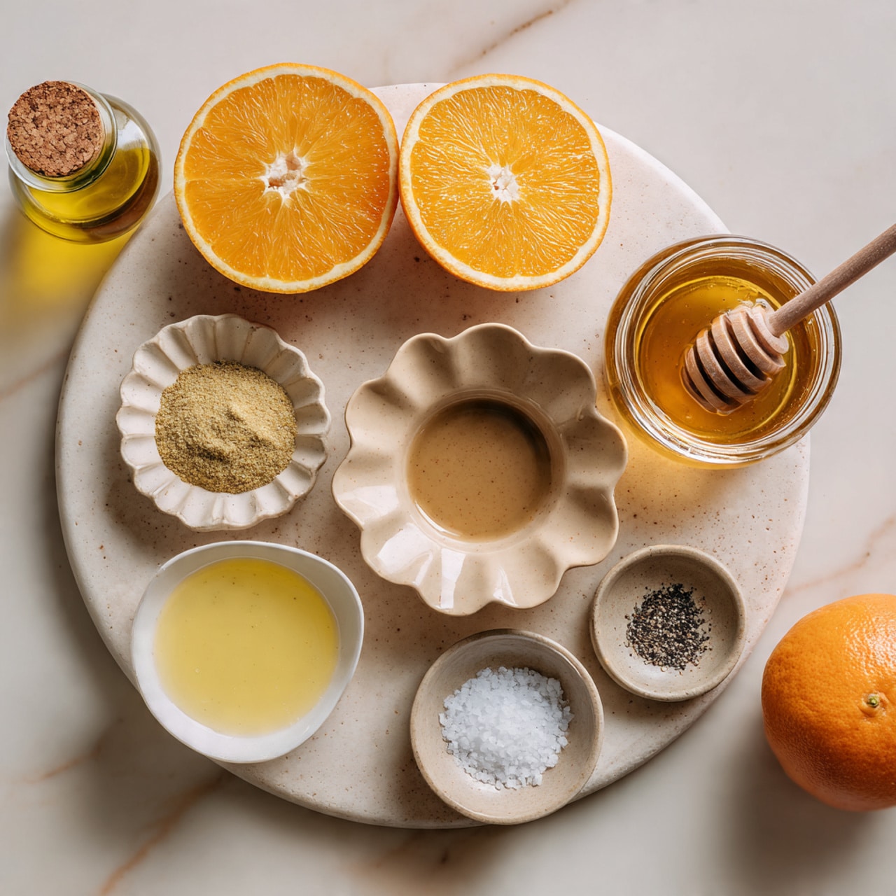 The image shows a white marble round board placed on a white marbled surface with various ingredients arranged around it. On the board, there are three orange pieces: two halves of an orange with bright orange flesh and one squeezed orange half with a textured yellow interior. A small beige ceramic scalloped bowl with a light brown liquid is on the board, close to a similar scalloped white bowl holding a dollop of yellow mustard. To the right, a glass jar filled with honey has a wooden honey dipper resting inside. Around the board, a white bowl with juice and the top of a citrus juicer sits at the bottom left, showing bright yellow juice with a juicing cone. A small beige bowl with coarse white salt and black pepper is placed at the bottom right. Another whole orange sits at the bottom center-left. A round glass bottle with a cork stopper containing pale yellow olive oil is at the top left corner. Photo taken with an iphone --ar 4:5 --v 7