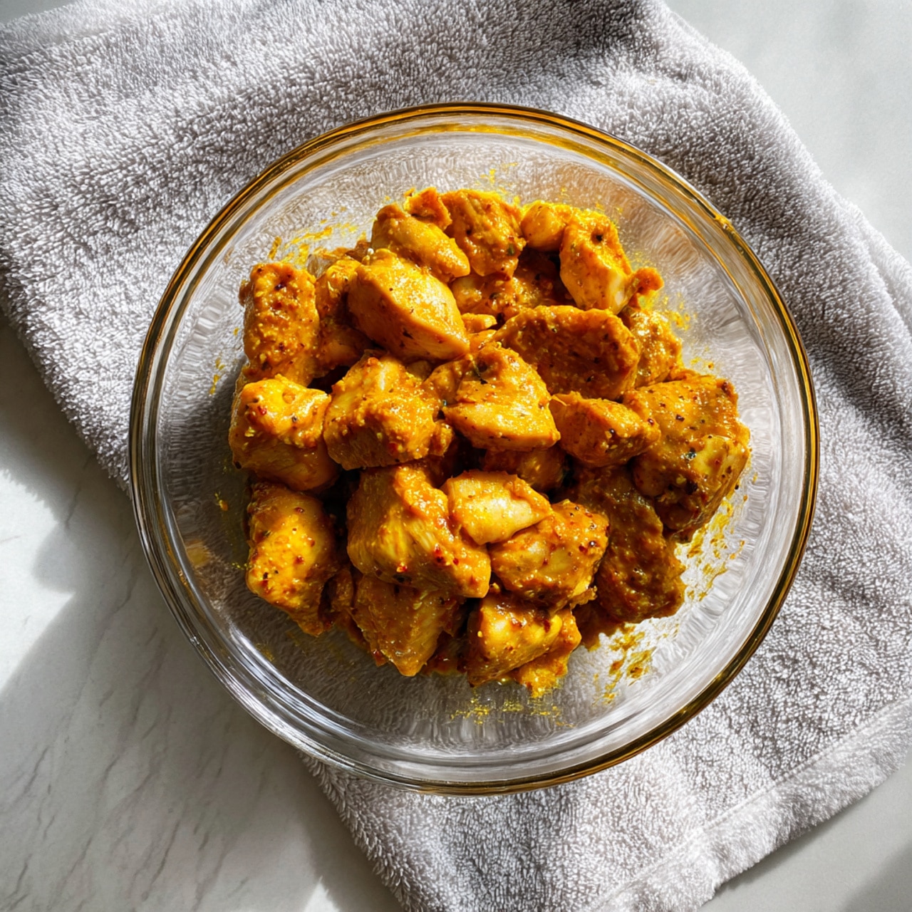 A clear glass bowl filled with chunks of raw chicken mixed with a thick, orange-yellow spice sauce, showing an uneven texture with some larger and smaller pieces. The bowl is placed on a soft, grayish textured towel, all set on a white marbled surface. Photo taken with an iphone --ar 4:5 --v 7