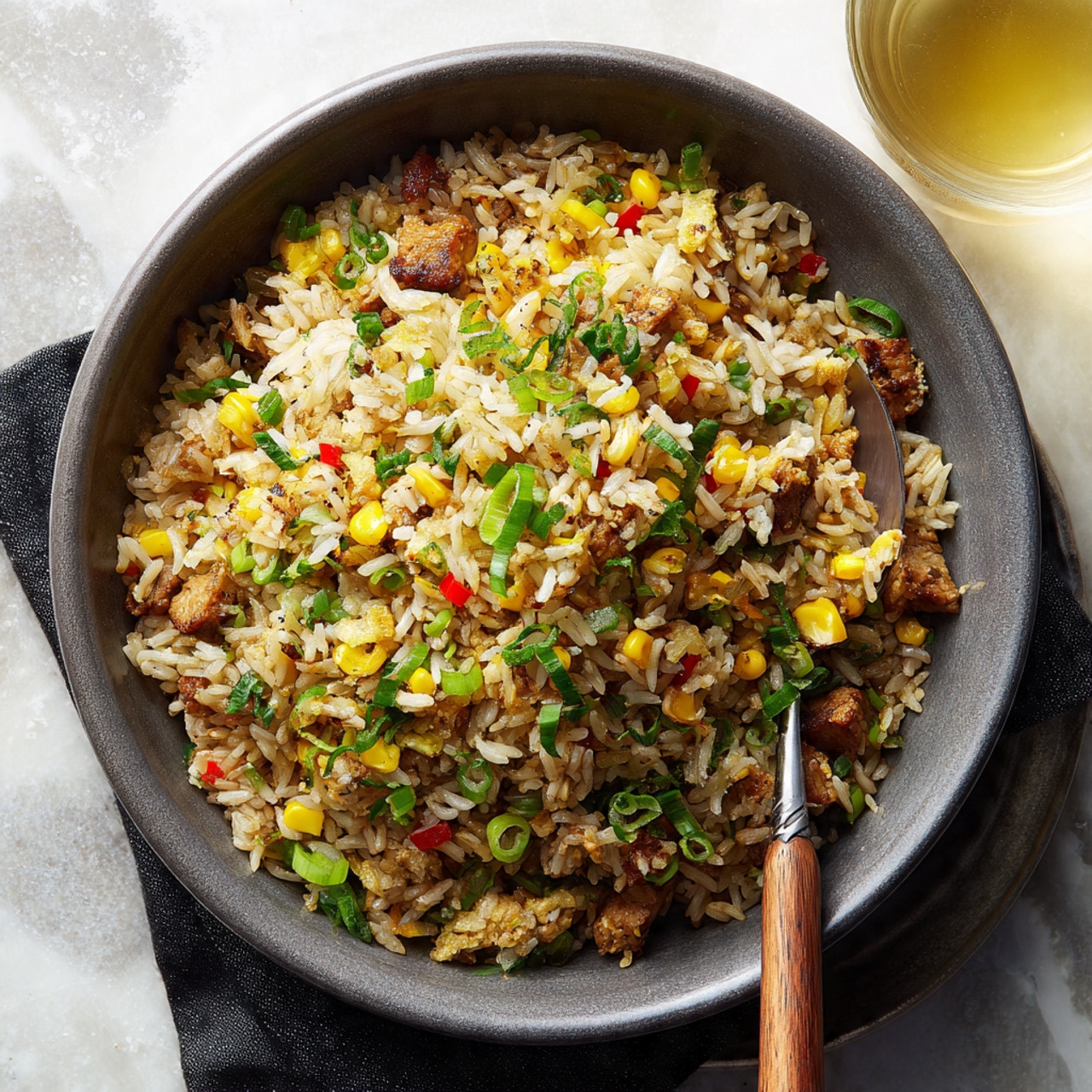 A bowl of fried rice filled with three main layers: the base layer is light brown fried rice grains mixed with small pieces of diced green peas and carrots, the middle layer contains chunks of golden brown fried chicken scattered evenly, and the top layer features long, thin white bean sprouts placed lightly over the rice. The bowl is white and round, placed on a black placemat with a white marbled textured background, with a glass of light yellow drink slightly visible behind it. Photo taken with an iphone --ar 4:5 --v 7