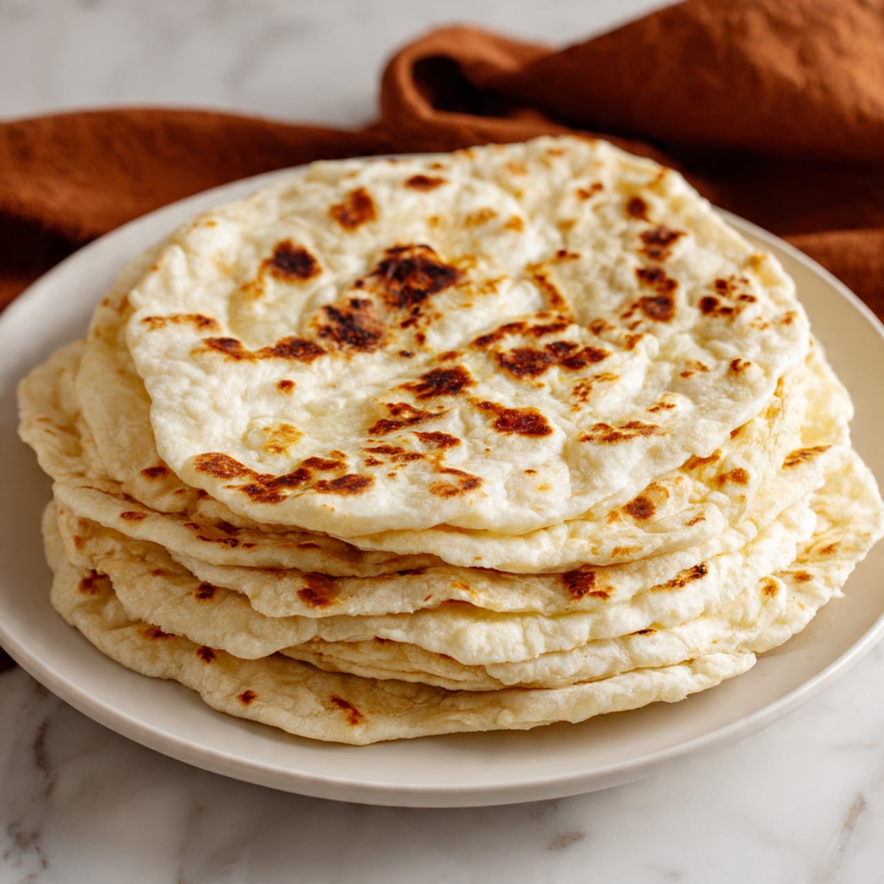 A single flatbread with a round shape and uneven golden brown spots cooked on its surface lies flat inside a black cast iron skillet, which is set on a white marbled surface. The flatbread has a pale yellow base with some darker brown charred patches, showing a soft, slightly puffed texture. Photo taken with an iphone --ar 4:5 --v 7