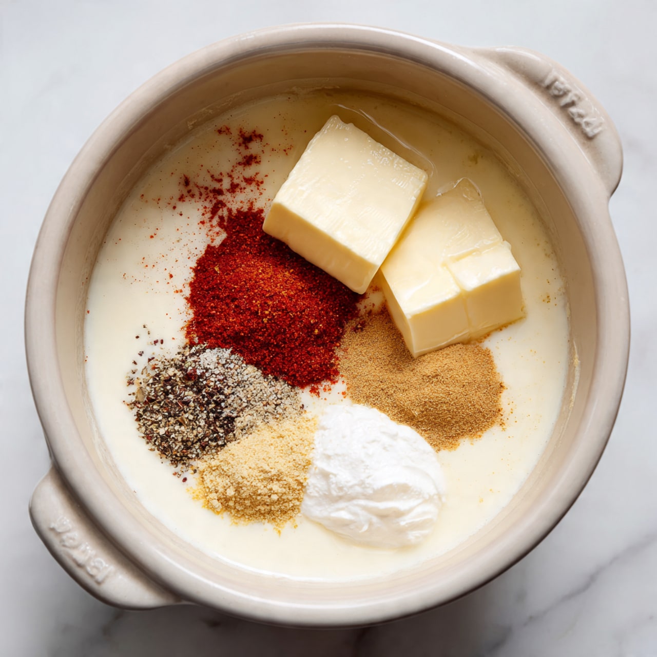 A white pot sits on a white marbled surface, filled with a creamy white liquid as the base layer. On top of this, there are two square pieces of butter placed next to a dollop of thick white cream. Next to the cream, four layers of powdered spices are neatly lined up horizontally: white salt, red paprika, black pepper, and light brown ground ginger. There are light swirls of red paprika powder spread across the creamy base, adding contrast to the smooth texture. photo taken with an iphone --ar 4:5 --v 7