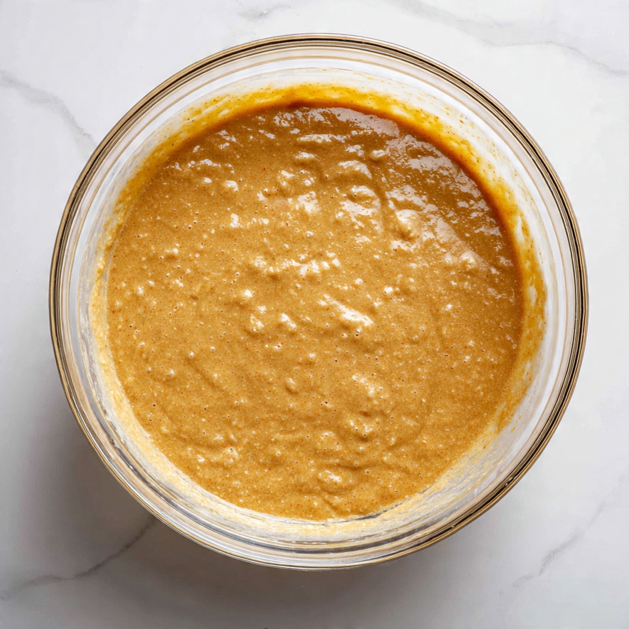 A clear glass mixing bowl sits on a white marbled surface, filled with a thick, smooth, light brown batter spread unevenly inside. The batter has a dense texture with visible small air pockets and slight unevenness where it has been stirred. A woman's hand is holding the bowl on the left side, showing part of the fingers wrapped around it. The scene is well lit, highlighting the glossy surface of the batter and the transparency of the bowl photo taken with an iphone --ar 4:5 --v 7