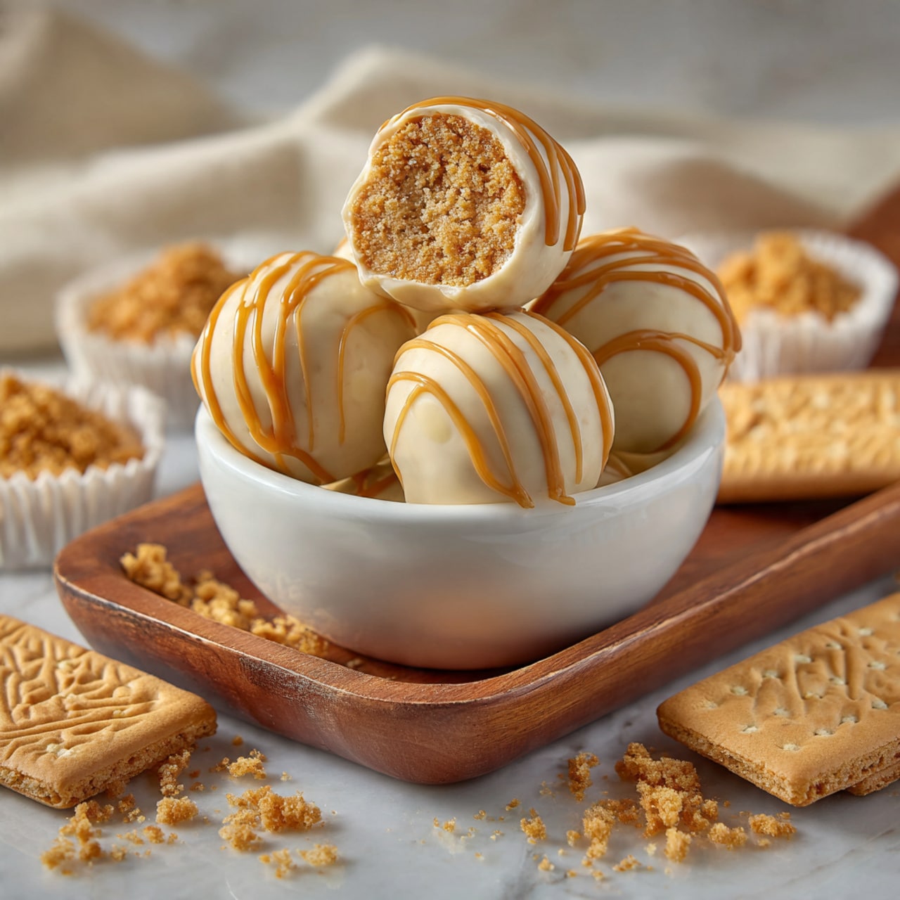 The image shows several round dessert balls placed closely together on a white marbled surface. Each ball has a smooth, creamy light brown coating with a drizzle of a slightly lighter brown sauce across the top, creating thin lines from one side to the other. On top of each ball and sprinkled around them are small, crunchy-looking light brown crumbs. The texture of the coating is shiny and smooth, and the crumbs add a rough contrast. The overall look is warm light browns on a white marbled surface, with the dessert balls standing out clearly. photo taken with an iphone --ar 4:5 --v 7