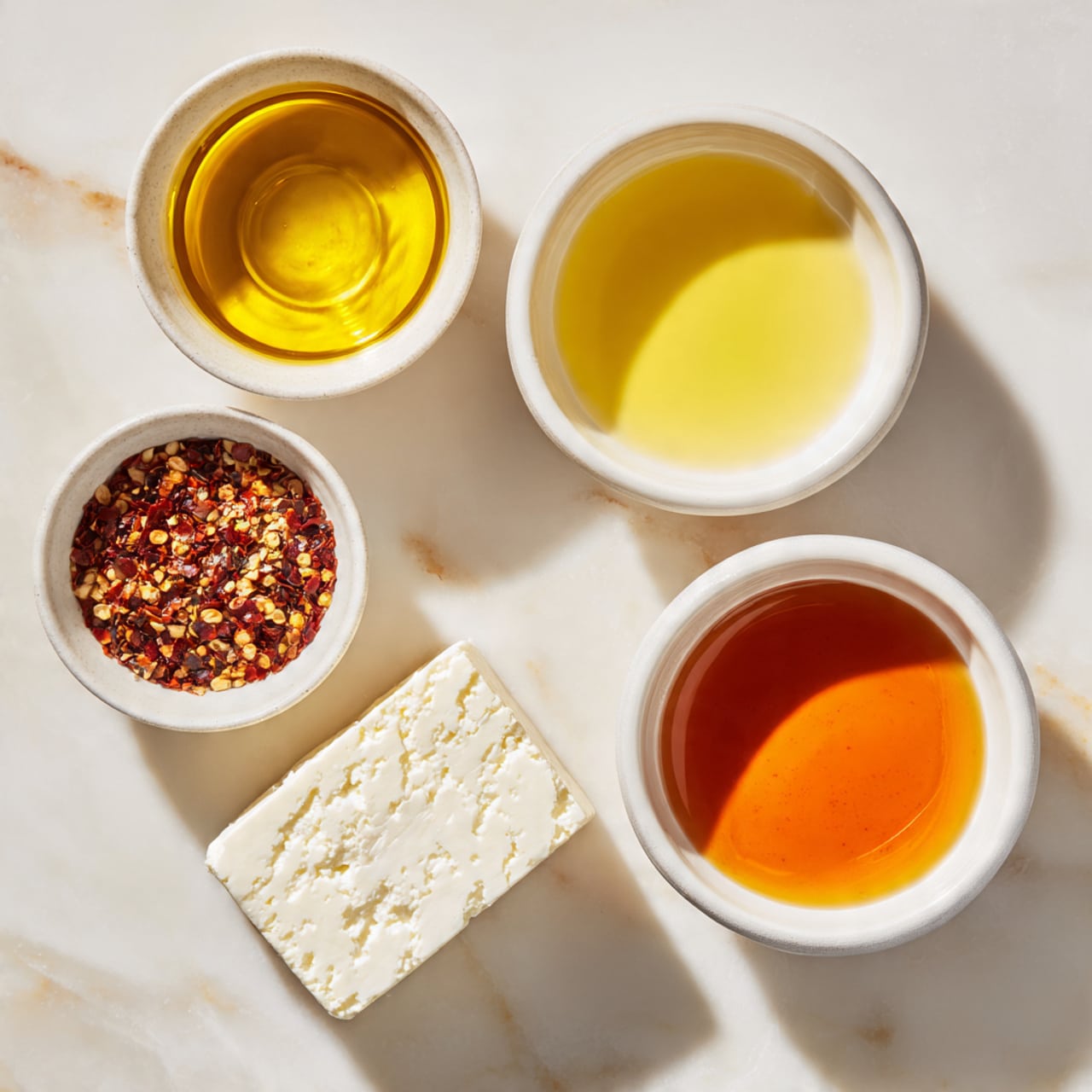 A close-up view of five ingredients on a white marbled surface, each placed in a small, white bowl except for one. From the top left, there is a bowl filled with golden olive oil, next to it on the right is a bowl with pale yellow lemon juice. Below the olive oil bowl, a small bowl holds red chili flakes with a textured appearance. On the right side below the lemon juice bowl is a bowl containing rich, amber-colored honey. At the bottom center of the image lies a block of white halloumi cheese with a smooth, slightly wrinkled surface. The bowls and halloumi are spaced evenly, creating a balanced and clean layout. photo taken with an iphone --ar 4:5 --v 7