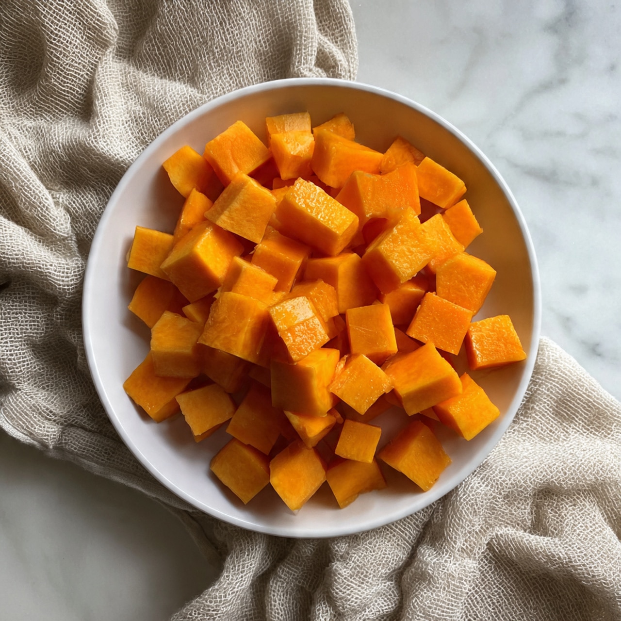 A white bowl filled with many small, bright orange cubes of raw butternut squash, each piece showing smooth and shiny surfaces with sharp edges, sitting on a white marbled surface next to a beige, soft textured cloth. The colors are vibrant with the orange cubes contrasting with the clean white of the bowl and marble. photo taken with an iphone --ar 4:5 --v 7