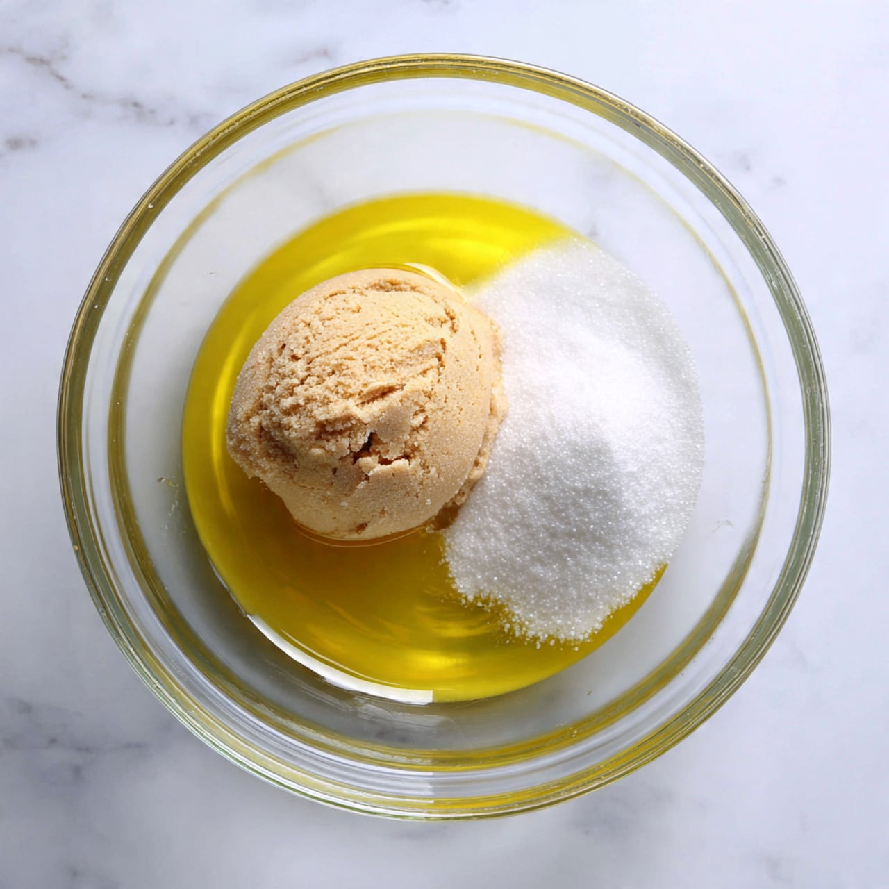The image shows a clear glass bowl on a white marbled surface, containing three different ingredients separated clearly. There is a layer of bright yellow melted butter covering most of the bottom of the bowl. On the right side of the bowl, there is a small pile of white granulated sugar with a smooth texture. On the left side, there is a round scoop of light brown soft sugar with a slightly crumbly texture and a crack on the top. The ingredients are neatly placed and do not mix. Photo taken with an iphone --ar 4:5 --v 7
