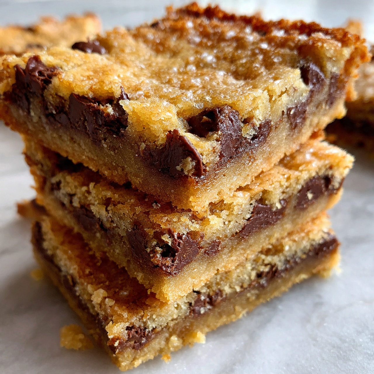 Two square chocolate chip cookie bars are stacked on top of each other on a white marbled surface. Both bars are thick with a soft, crumbly light golden texture filled with many dark brown, melted chocolate chips that create shiny spots across the bars. The top bar rests slightly angled on the bottom one, showing the thick, dense layers of cookie dough mixed with gooey chocolate bits inside. Photo taken with an iphone --ar 4:5 --v 7