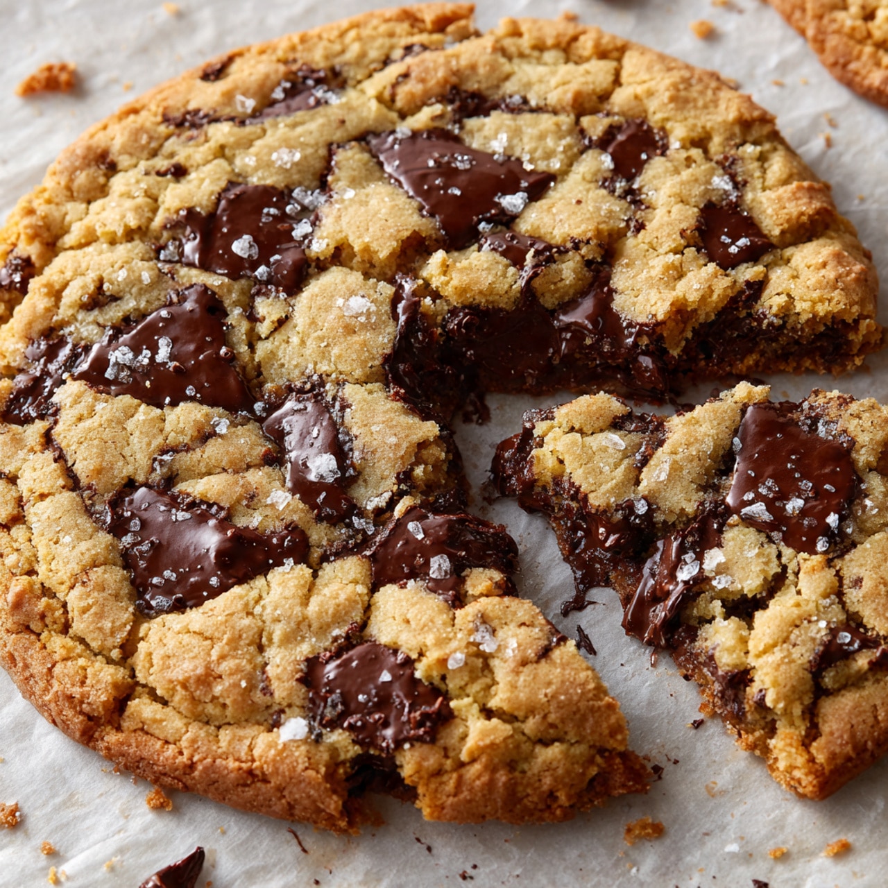 A single large cookie sits on a white parchment paper lined baking tray with a rustic brown edge, capturing warm sunlight and shadows. The cookie has a light golden-brown color with a slightly cracked and soft texture. It is topped with many uneven dark brown chocolate chips, some slightly melted into the cookie, and sprinkled with coarse sea salt crystals that catch the light. A few chocolate chips are scattered loosely around the cookie on the parchment paper. The background shows a white marbled texture softly blurred. photo taken with an iphone --ar 4:5 --v 7