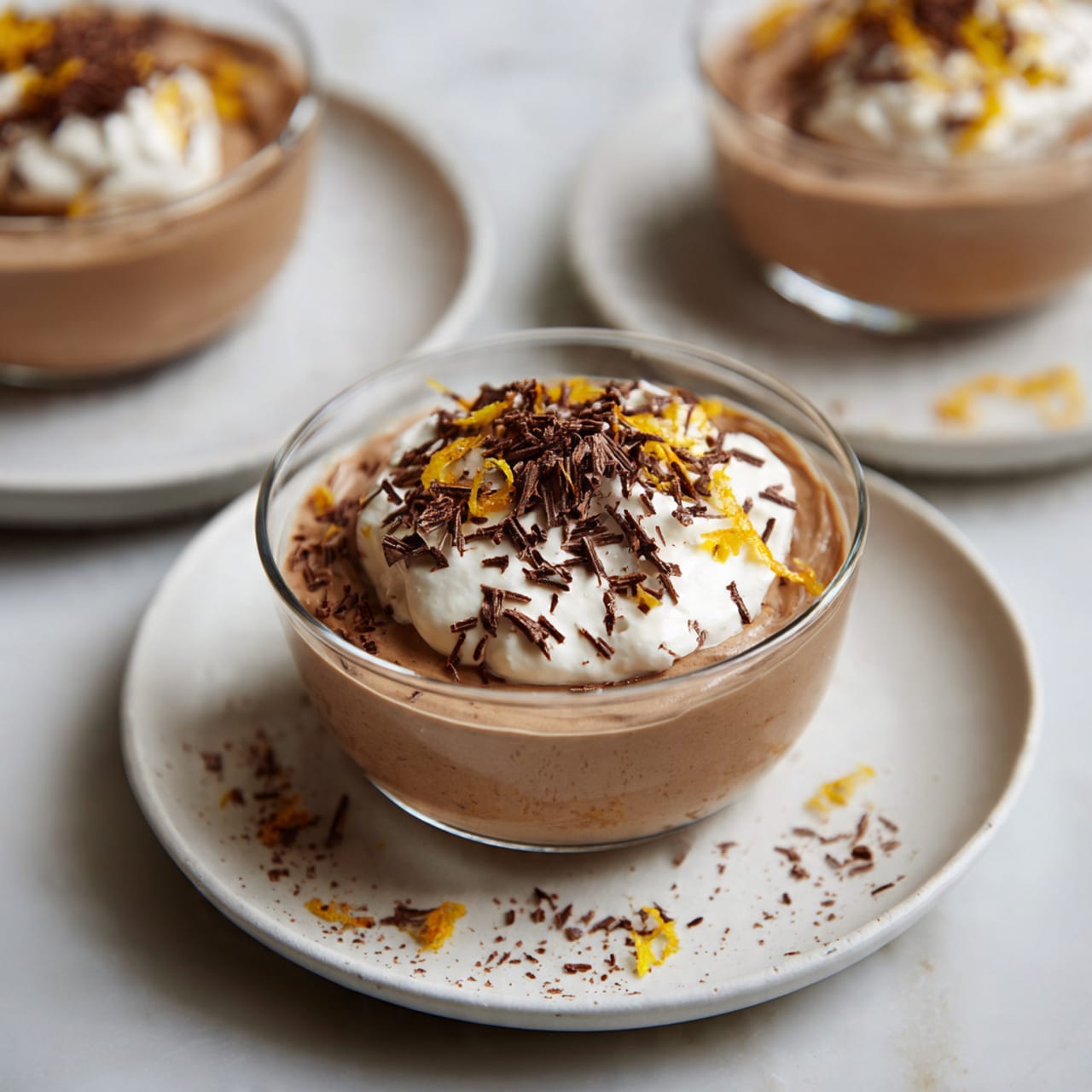 A clear glass bowl filled with a smooth, light brown chocolate mousse as the first layer. On top of the mousse is a round dollop of white whipped cream, sprinkled evenly with thin, dark chocolate shavings and small bright orange zest pieces. The bowl is placed on a simple white round plate, all set on a white marbled surface with some scattered chocolate shavings and orange zest around it. In the background, two more bowls of the same mousse dessert can be seen out of focus. photo taken with an iphone --ar 4:5 --v 7