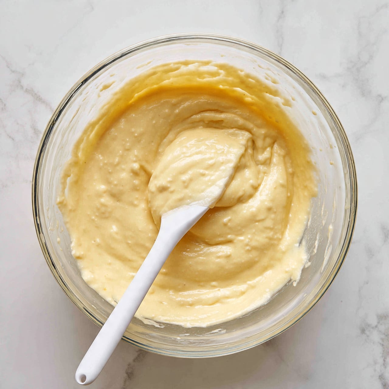 A clear glass bowl filled with thick, pale yellow batter that has a slightly lumpy texture. A white spatula is dipped into the batter, showing some of the creamy mixture on its head. The bowl is placed on a white marbled surface. The scene is close-up, focusing on the mixture and the spatula, showing the smooth, creamy consistency with small lumps throughout. Photo taken with an iphone --ar 4:5 --v 7