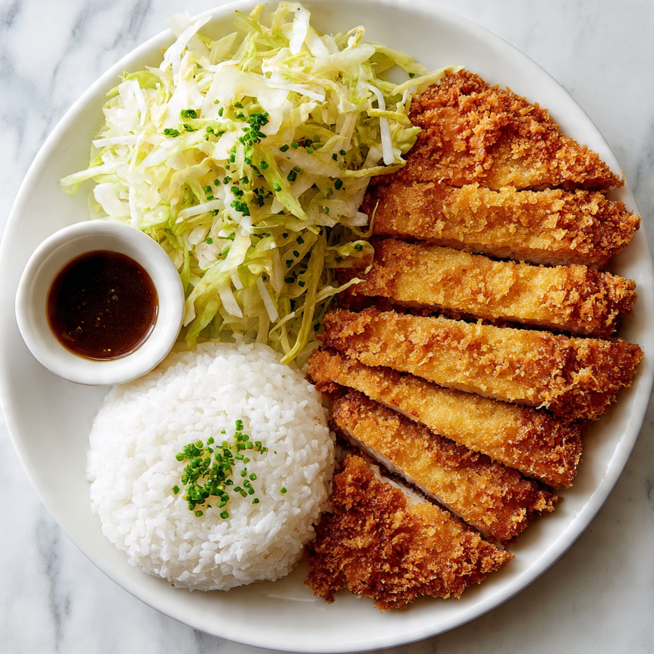 A white round plate is filled with a breaded fried chicken cut into slices, showing a light golden brown crunchy texture with rough edges, arranged along the side. Next to the chicken is a mound of plain white rice with a soft, fluffy texture. On the top left side of the plate, there is a portion of pale yellow shredded cabbage salad with thin green bits mixed in. A small white bowl filled with dark brown sauce is partially visible on the bottom left edge of the plate. The background shows a white marbled surface. Photo taken with an iphone --ar 4:5 --v 7