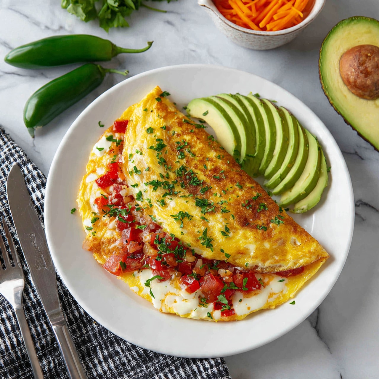 A close-up view of a folded omelette on a white plate with a thin golden brown exterior, garnished with small green chopped herbs. Inside the omelette, visible layers include soft yellow egg, diced red tomatoes, and light cooked onions. On the side, there are chips with melted white cheese and red tomato pieces sprinkled with herbs. The background shows a soft white marbled surface with a slice of green avocado and a whole green chili pepper slightly blurred. Photo taken with an iphone --ar 4:5 --v 7