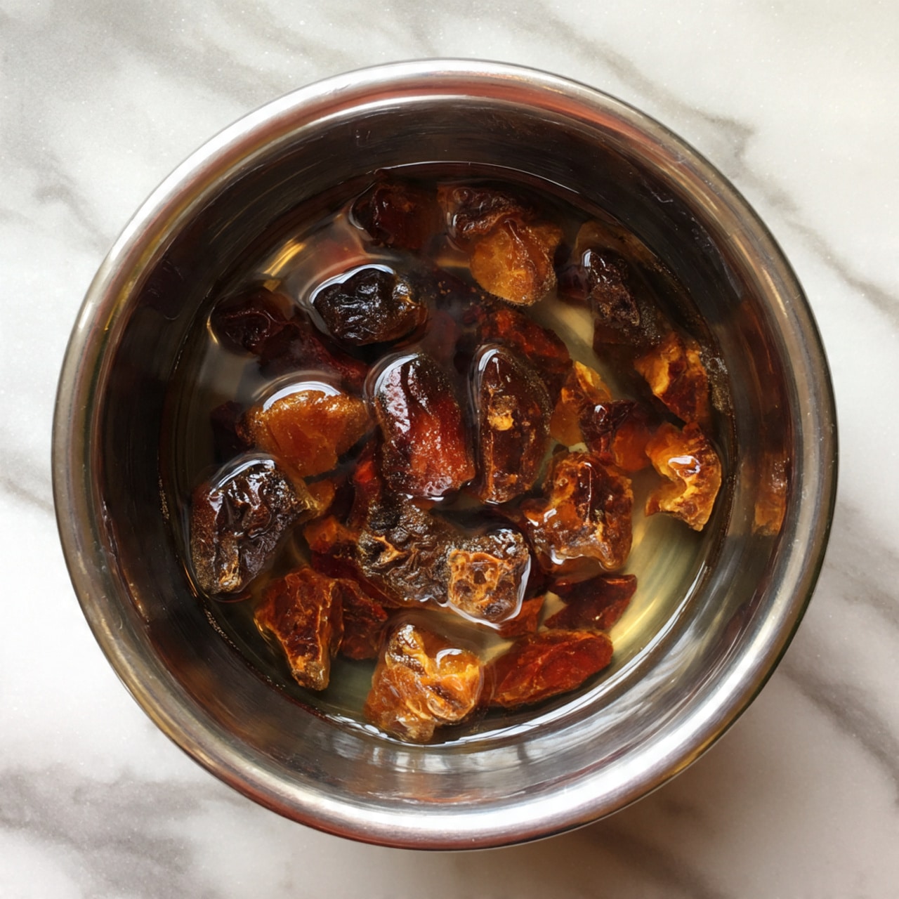 A top view of a silver saucepan filled with small, uneven pieces of dark brown and reddish dried fruit soaked in clear water. The dried fruit pieces float and sink slightly, showing shiny wet surfaces and rough textures, with some parts looking wrinkled and soft. The saucepan sits on a white marbled texture. photo taken with an iphone --ar 4:5 --v 7