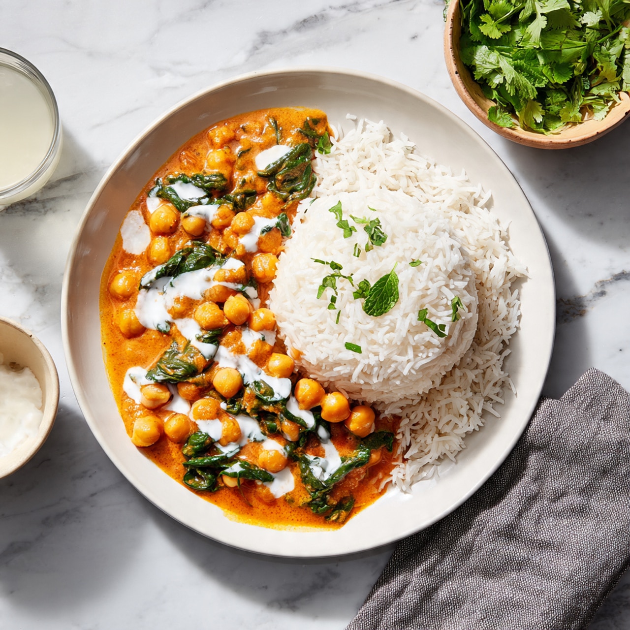 A round white plate holds a dish with two main layers: on the right side, a mound of fluffy white rice with a slightly soft texture and a few small green herb pieces on top; on the left, a rich, thick orange-yellow curry with plump, round chickpeas and bright green spinach leaves mixed in, all covered lightly with white cream drizzles and small green herb bits scattered on the top. The plate is placed on a white marbled surface, next to a gray cloth napkin and near a white bowl containing light-colored liquid and a small beige bowl with fresh green herbs. Photo taken with an iphone --ar 4:5 --v 7