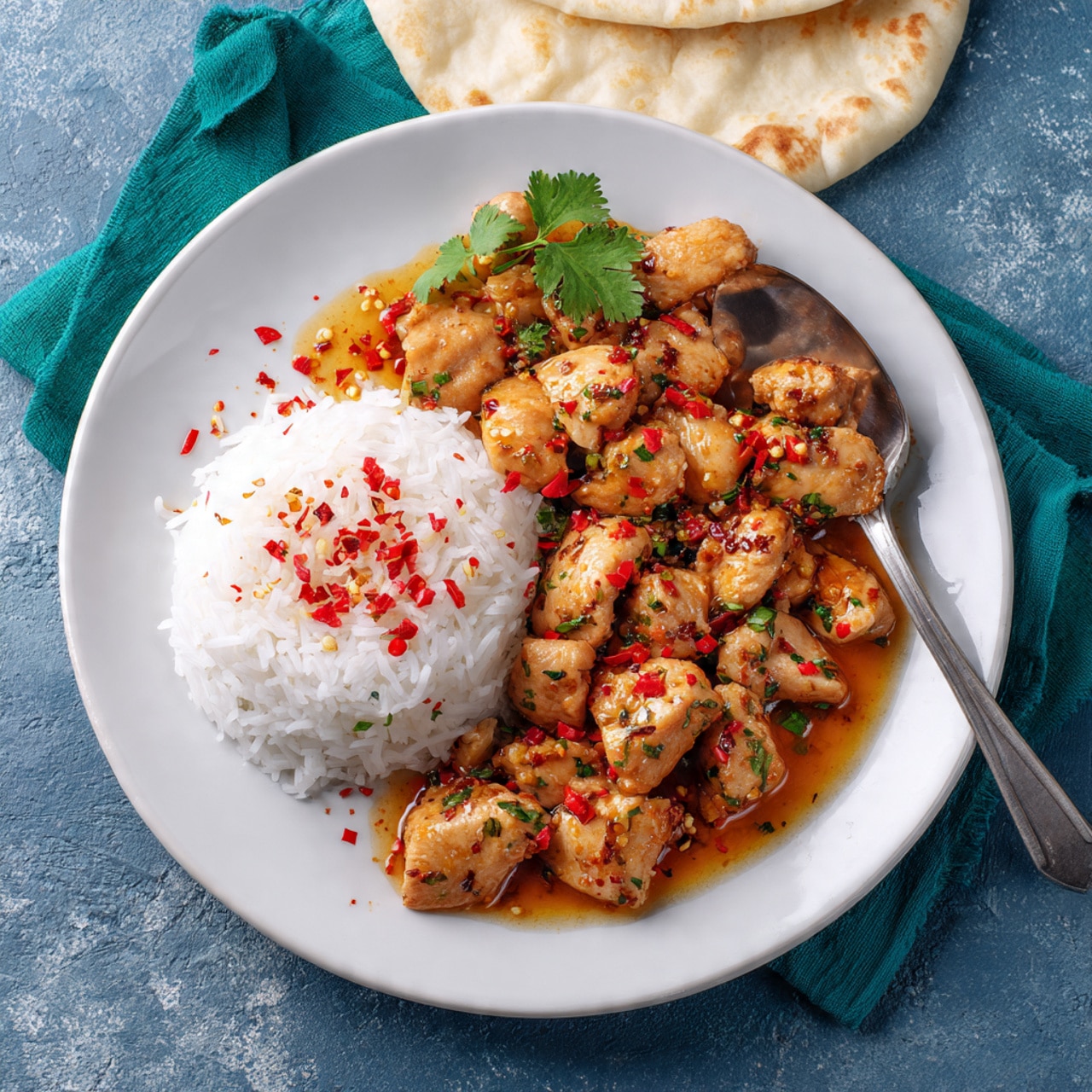 The image shows a black pan filled with a thick reddish-orange curry made of small pieces of cooked chicken, covered in sauce with visible spices and herbs. A wooden spoon is scooping some of the curry from the center, revealing chunks that appear tender and well-mixed with the sauce. The pan is set on a green textured cloth with small dotted patterns, and part of flatbread is visible in the background on a white marbled surface. photo taken with an iphone --ar 4:5 --v 7