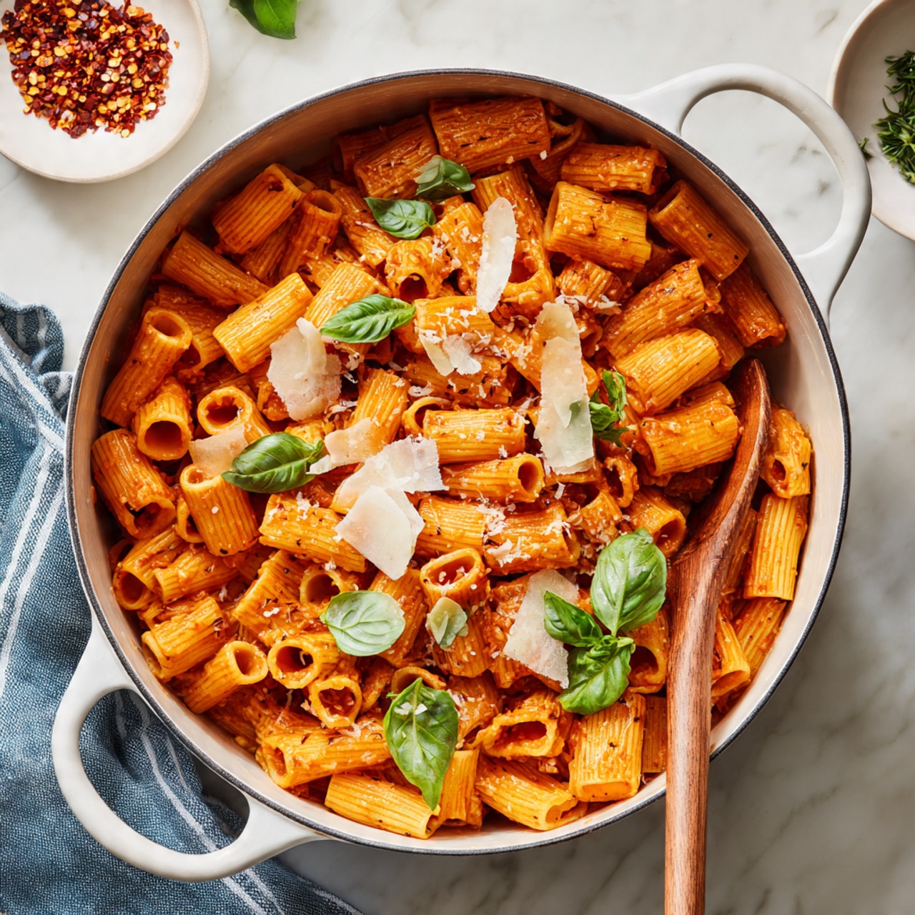 Creamy Cottage Cheese Pasta Sauce Recipe 5 The image shows a white pot filled with rigatoni pasta coated in a smooth red-orange tomato sauce. The pasta pieces are short tube-shaped with ridges, layered evenly in the pot. On top, there are thin, uneven shavings of pale white cheese scattered around, and bright green fresh basil leaves both whole and sliced finely, adding contrast. A wooden spoon is partially visible stirring the pasta on the right side. The pot sits on a white marbled surface with a small white dish of red pepper flakes in the background and a blue striped cloth on the left side. Photo taken with an iphone --ar 4:5 --v 7