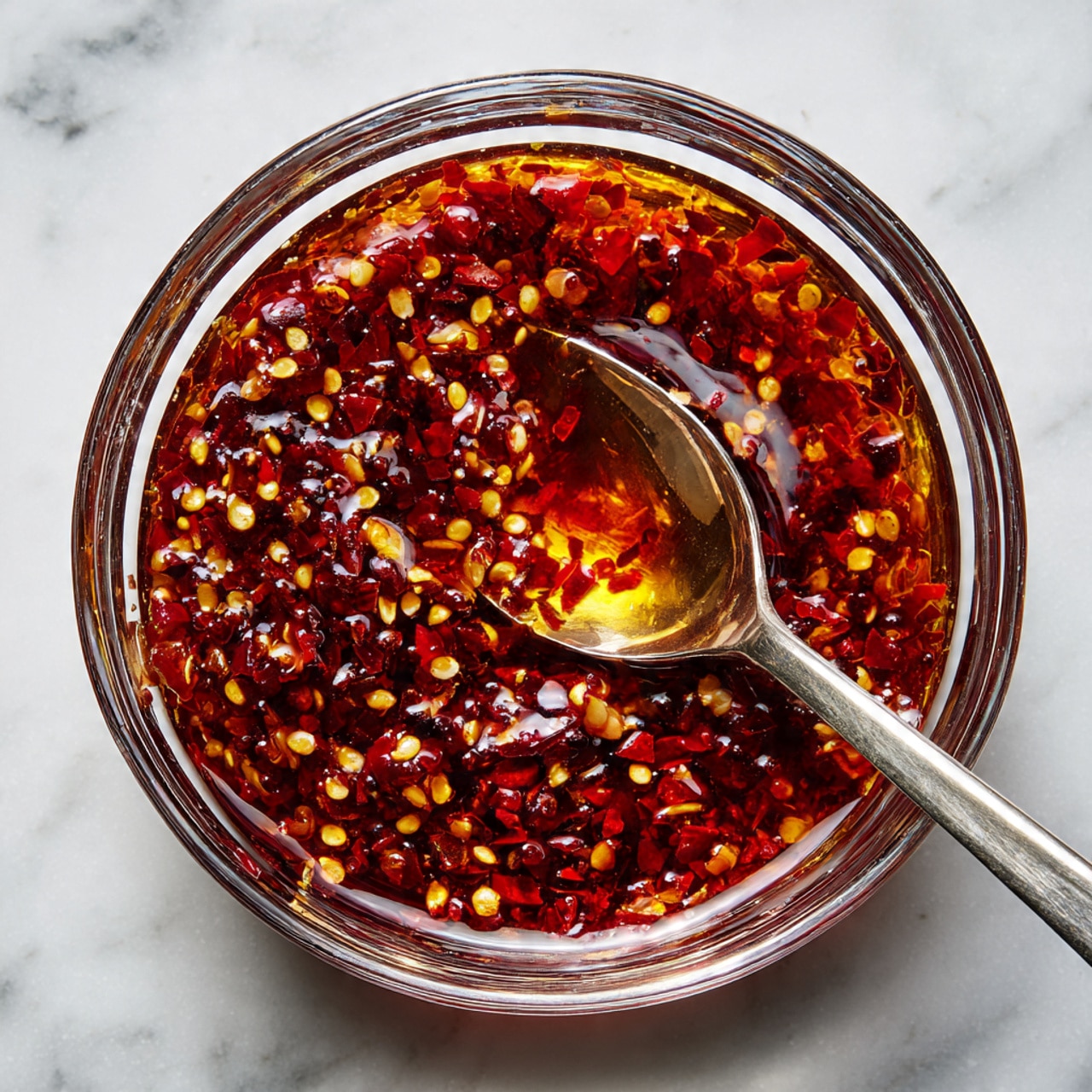 A clear glass bowl filled with a reddish-brown liquid sauce, speckled with small yellow and dark red chili flakes layered throughout. A shiny silver spoon rests inside the bowl on the right side, partially submerged in the sauce, reflecting the colors and texture of the sauce. The bowl is placed on a white marbled surface, adding a clean and bright background contrast. photo taken with an iphone --ar 4:5 --v 7