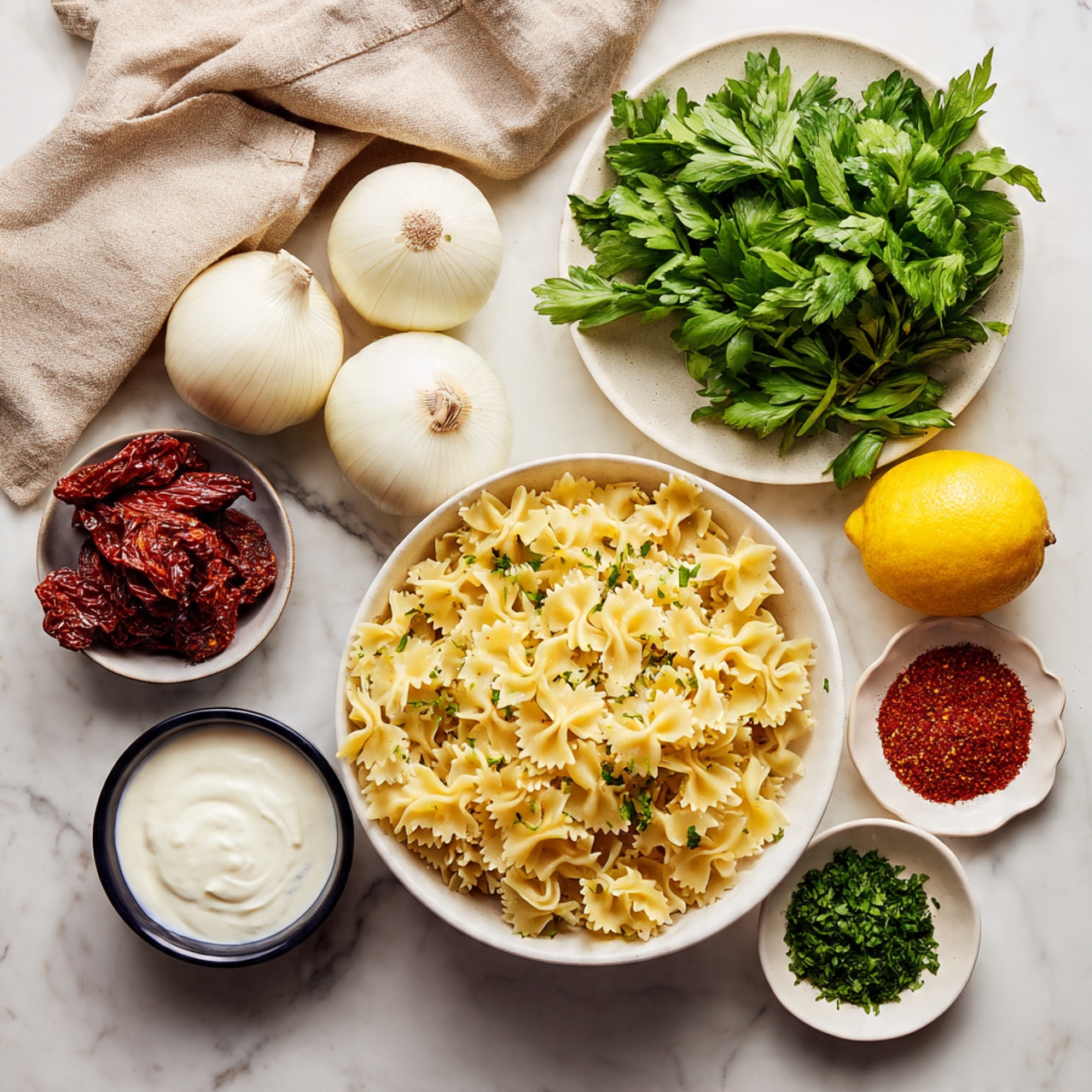 The image shows an overhead view of various cooking ingredients neatly placed on a white marbled surface. In the top right, a white plate holds fresh green herbs with bright and dark green leaves. Below it, a white bowl is filled with yellow farfalle pasta. To the left of the bowl are five whole white onions stacked together and a bright yellow lemon placed nearby. Below the lemon is a small white bowl of cream or milk. In the bottom left corner lies a white garlic bulb. Next to the garlic, a small black-and-white bowl is full of sun-dried tomatoes, showing dark red wrinkled textures. To the right of the tomatoes, two tiny white dishes contain red paprika powder and chopped green herbs, both with fine grainy textures. A beige cloth is draped loosely in the upper left corner. Photo taken with an iphone --ar 4:5 --v 7