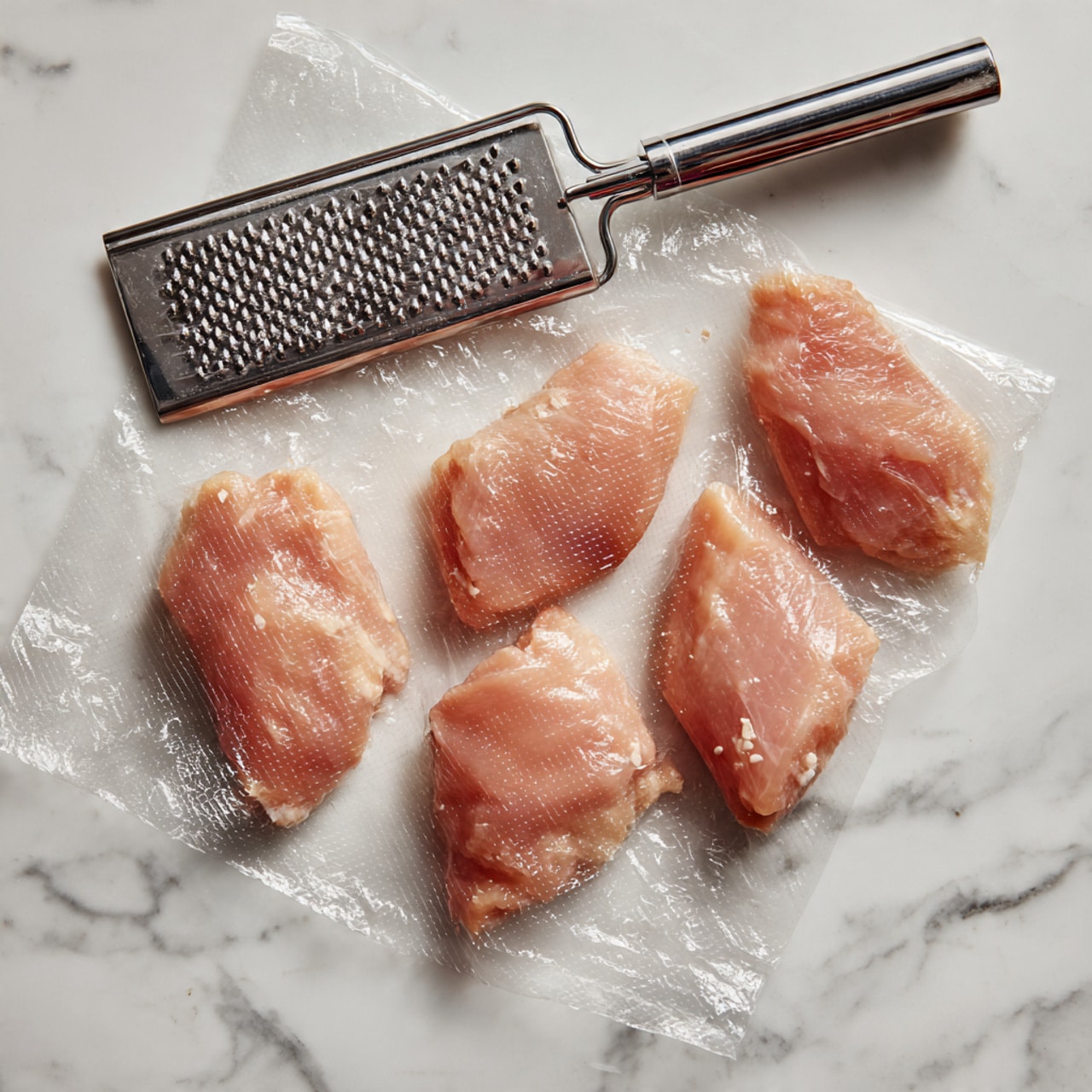 Four raw chicken pieces lay flat under a clear plastic wrap on a white marbled surface. The pieces are pinkish with smooth textures and slightly shiny from moisture. A metal meat tenderizer with a textured side rests near the top left, partly over the plastic wrap, showing a rough silver-grey color. The plastic wrap is thin and crinkled, pressing lightly on the chicken pieces. photo taken with an iphone --ar 4:5 --v 7