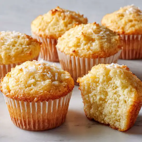 The image shows several light golden yellow muffins with soft, slightly crumbly texture scattered on a white marbled surface. One muffin in the front is opened to reveal a fluffy, airy inside with a moist and tender crumb. Each muffin is topped with small white flakes that look like coconut shreds. The muffins are in white cupcake liners, and the soft light highlights their warm, fresh-baked look. photo taken with an iphone --ar 4:5 --v 7