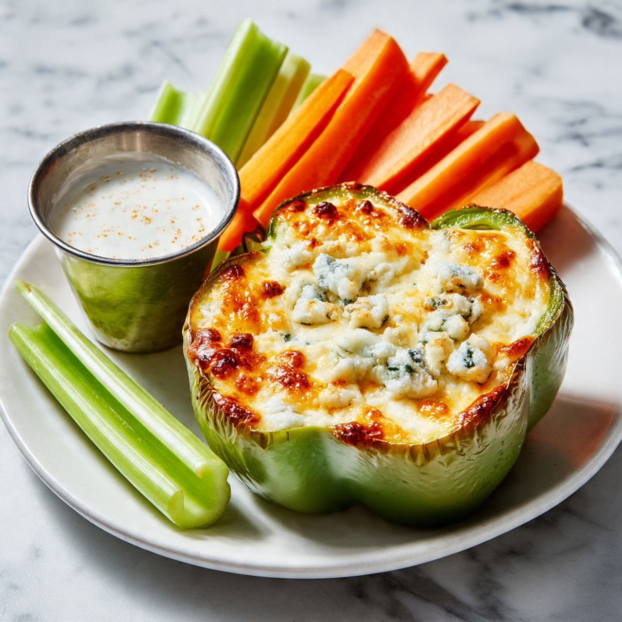 A white plate holds a green bell pepper cut in half and filled with an orange cheesy mixture topped with melted white and blue cheese spots. Behind it, there is a small silver metal cup filled with white creamy sauce. Around the cup, there are six carrot sticks arranged vertically, forming a fan shape, with three bright green celery sticks on each side leaning against the cup. The whole scene is set on a white marbled surface. photo taken with an iphone --ar 4:5 --v 7