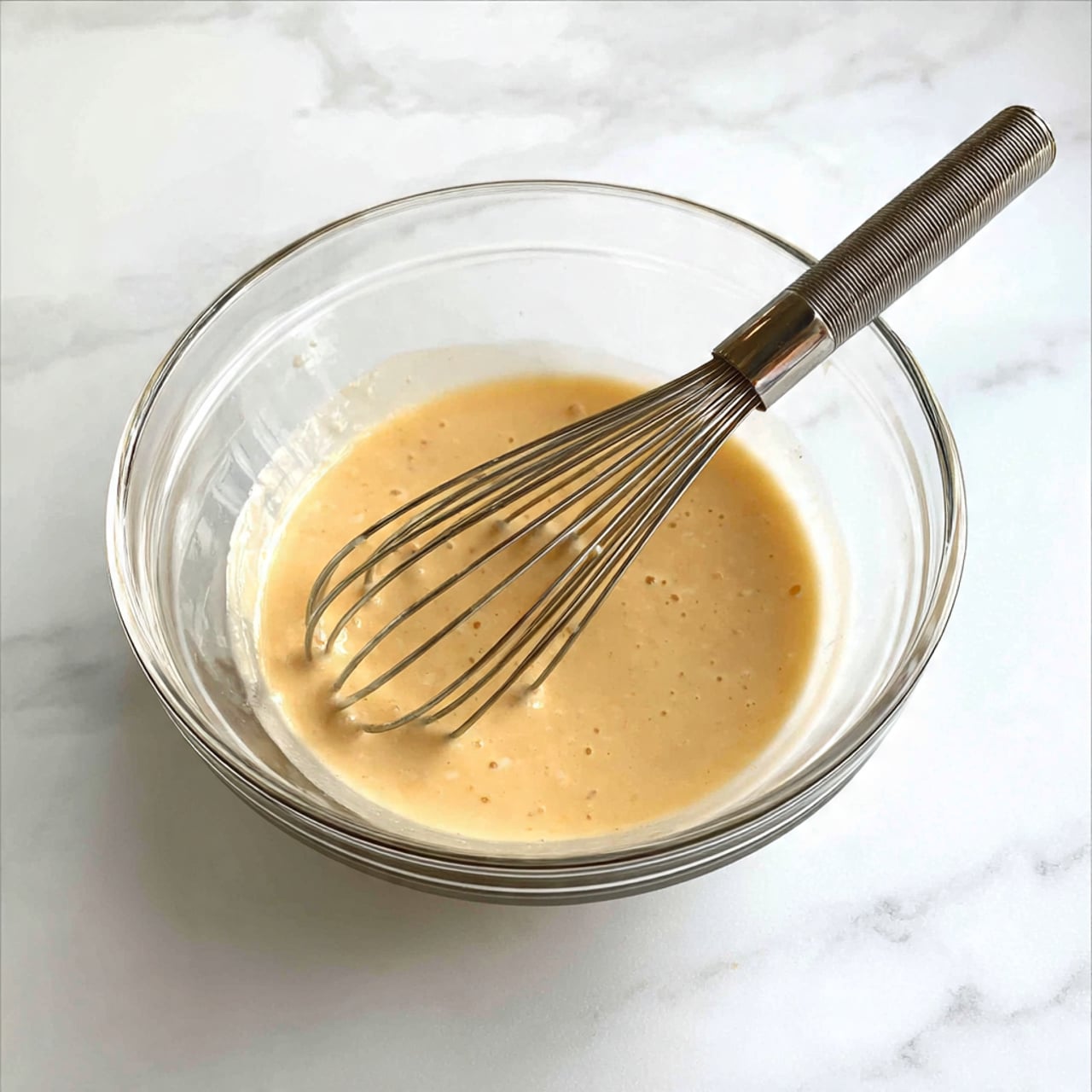 A clear glass bowl filled with a smooth, light beige batter with small bubbles on the surface. A shiny metal whisk rests inside the bowl with its handle leaning outwards. The bowl is placed on a white marbled surface. photo taken with an iphone --ar 4:5 --v 7