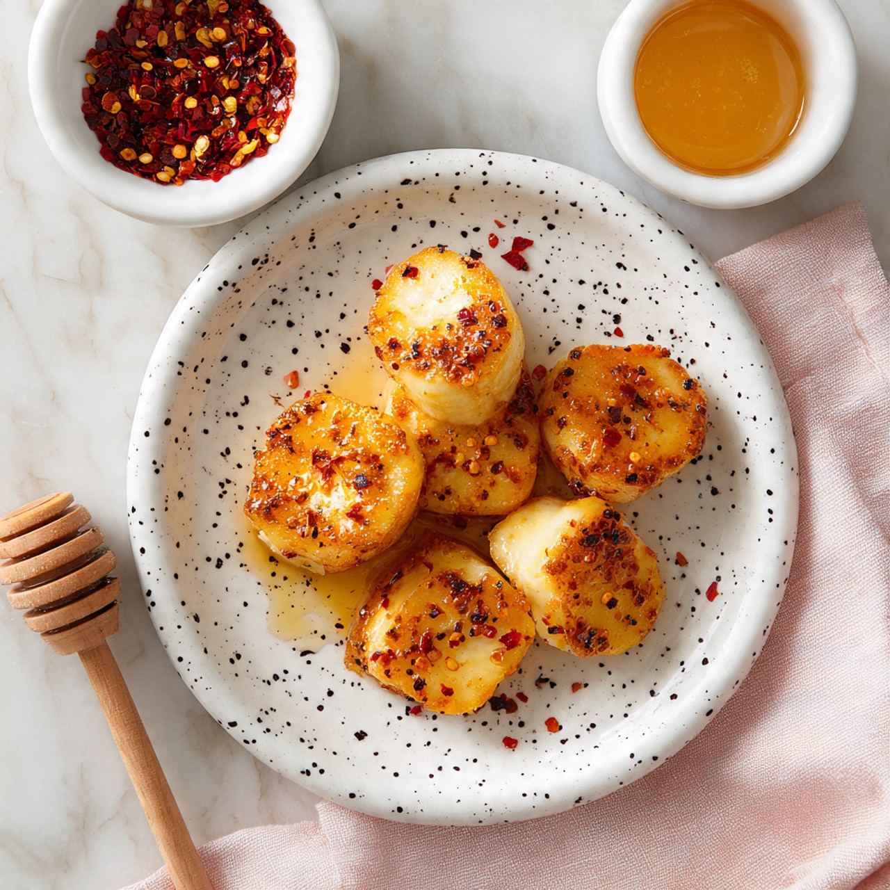 A round black frying pan holds six pieces of halloumi cheese browning in melted butter with chili flakes sprinkled on top. The cheese is golden brown with crispy edges and soft white centers, arranged in a loose circle around the center of the pan, where some butter is bubbling. The frying pan is placed on a white marbled surface, showing a top-down view of the cooking process. photo taken with an iphone --ar 4:5 --v 7