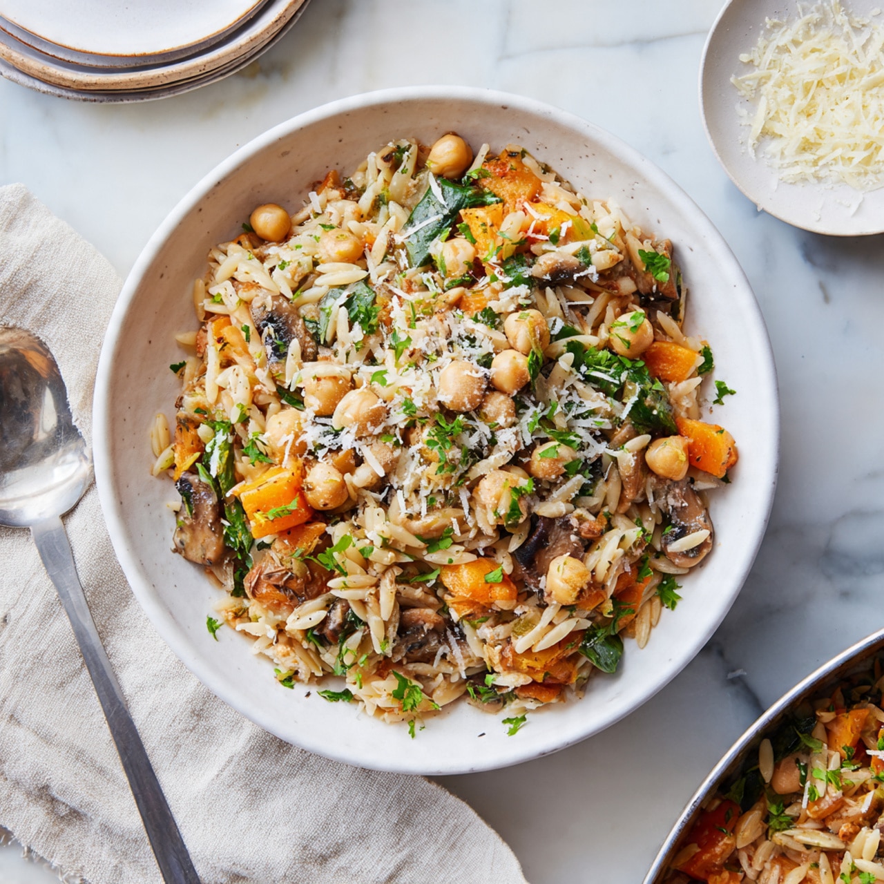 The image shows a purple cooking pot filled with a mixed dish made of orange chunks of squash, beige chickpeas, beige orzo pasta, dark green leafy kale, light chopped onions, and small pieces of mushrooms. The ingredients are well mixed and topped with white grated cheese. A wooden spoon with a hole near its tip is resting inside the pot, slightly covered with the dish. The pot is on a white marbled surface. photo taken with an iphone --ar 4:5 --v 7