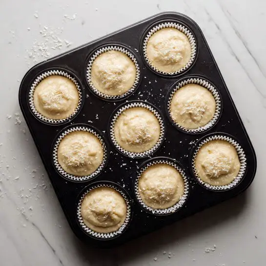 A black muffin tray holds twelve white paper liners filled with pale, smooth batter. Each liner is evenly filled just below the rim and topped with a sprinkling of white flakes, giving a light textured look on the batter's surface. The tray rests on a white marbled surface with tiny specks of the white flakes scattered around it. The batter looks thick and creamy with a soft shine. photo taken with an iphone --ar 4:5 --v 7