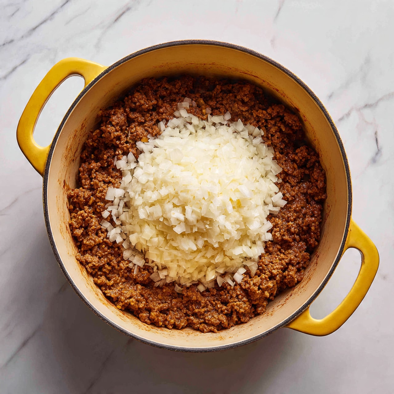 A large yellow pot with two side handles holds a layer of browned ground meat filling most of the pot's bottom. On top, there is a mound of finely chopped white onions, sitting in the center of the meat. The pot is placed on a white marbled surface with faint grey veins. The colors are warm and natural, showing a simple cooking scene. photo taken with an iphone --ar 4:5 --v 7
