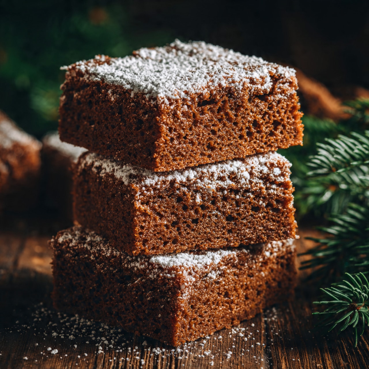 The image shows two square brown cake slices on a white plate, each slice covered with a light dusting of white powdered sugar. The cakes have a moist and slightly crumbly texture. In the background, there is another white plate with more cake slices and a glass of white milk to the right side. The setting is on a white marbled surface, and a white cloth with red stripes is partially visible in the lower right corner. photo taken with an iphone --ar 4:5 --v 7