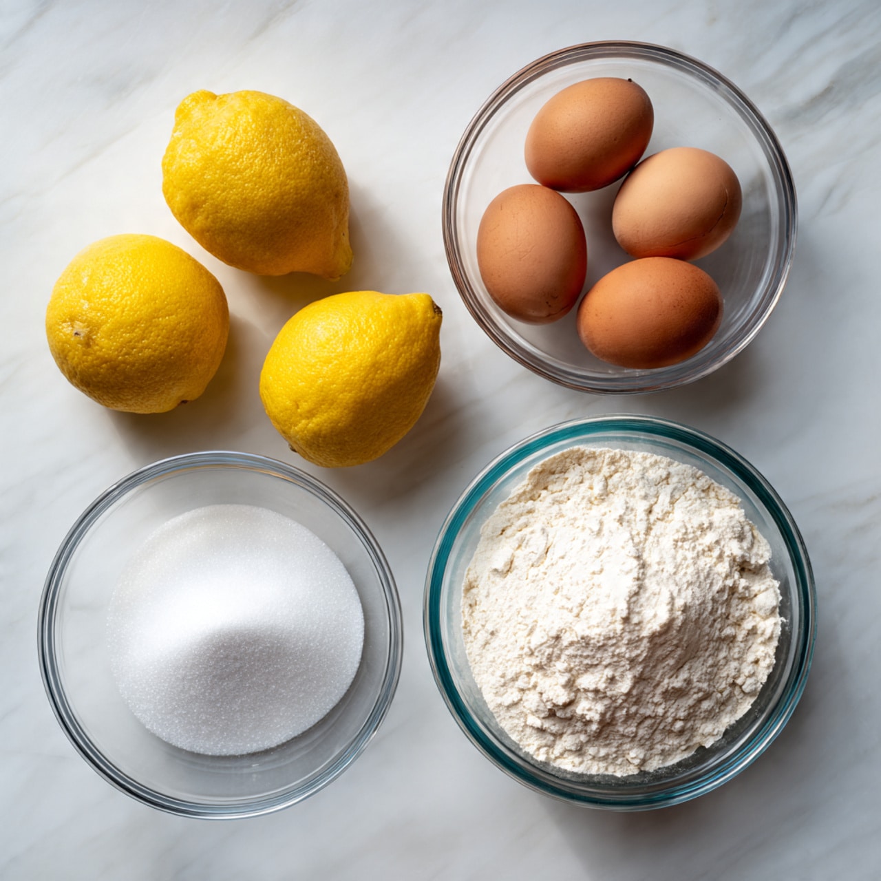The image shows a bright white marbled surface with two whole yellow lemons at the top left. At the top right, there is a clear glass bowl holding three brown and tan eggs. Below the lemons and eggs are two smaller clear glass bowls; the one on the left is filled with white sugar, and the one on the right contains white flour with a soft texture. The ingredients are spaced apart neatly, creating a clean and simple setup. photo taken with an iphone --ar 4:5 --v 7