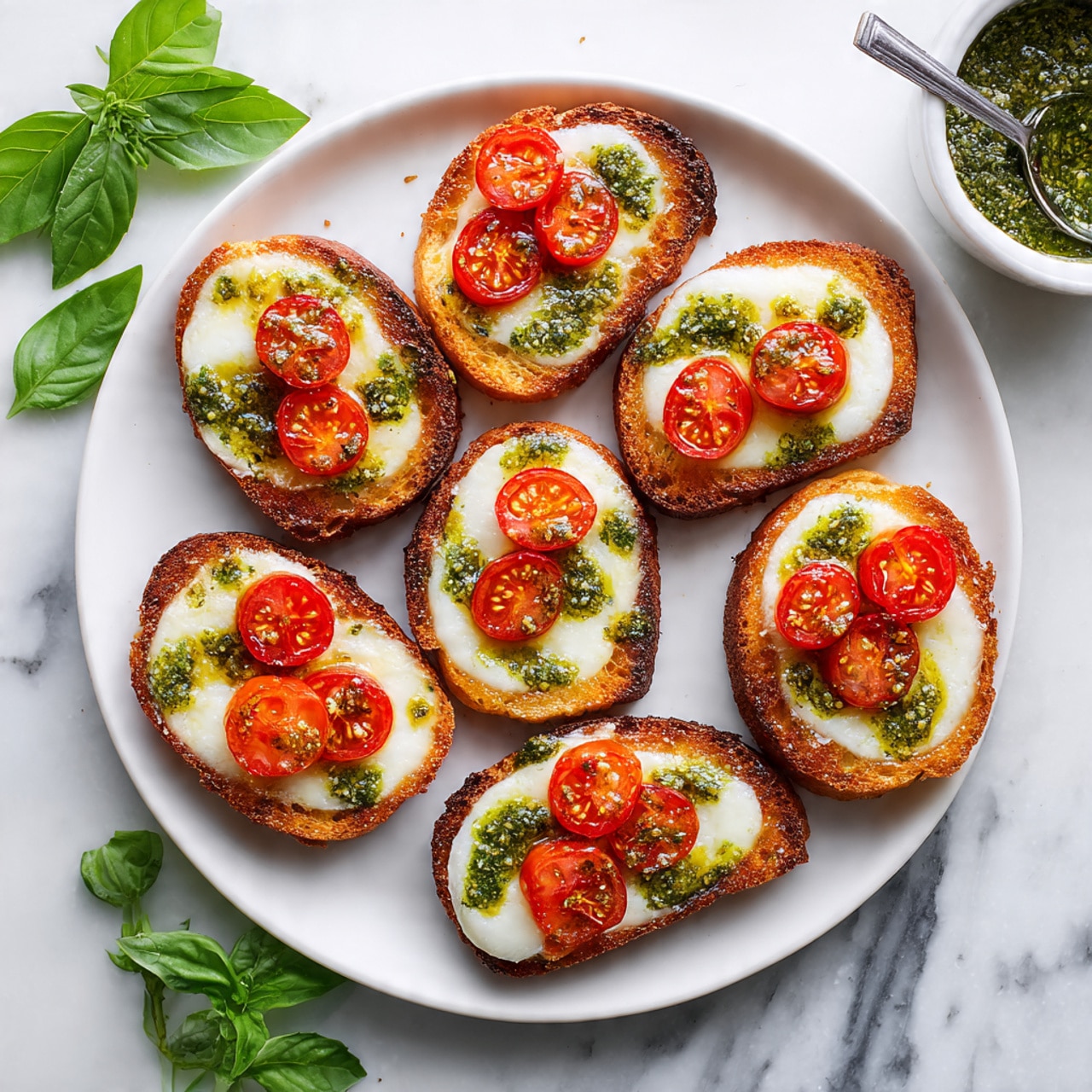 The image shows six pieces of toasted bread placed on a white plate, each slice topped with a smooth layer of white cheese, bright red slices of cherry tomatoes, and a drizzle of green pesto sauce over the top. The bread has a golden-brown crust, the cheese layer is creamy and evenly spread, and the tomato slices are slightly roasted with a shiny texture. Around the plate are fresh green basil leaves scattered on a white marbled surface, and a white bowl to the right holds extra green pesto with a spoon inside. Photo taken with an iphone --ar 4:5 --v 7