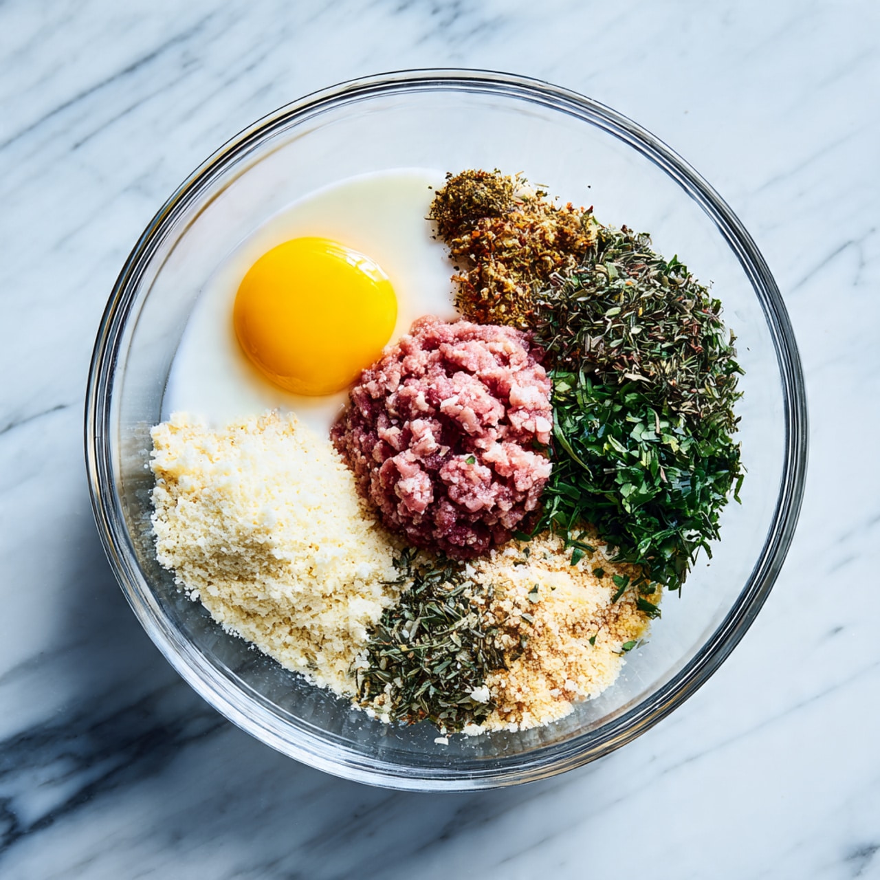 A clear glass bowl on a white marbled surface holds several ingredients separated in layers: at the top left, there is a single raw egg with a bright yellow yolk and clear white; next to it, a small pool of light milk surrounds pink ground meat in the center. To the right, there is a pile of finely chopped fresh green herbs, and next to it, a heap of mixed dried herbs in dark green and brown shades. Below these, layers include light beige breadcrumbs, off-white grated cheese with a fluffy texture, and tiny granules of light brown seasoning. The ingredients are arranged clearly and distinctly, ready to be mixed. photo taken with an iphone --ar 4:5 --v 7