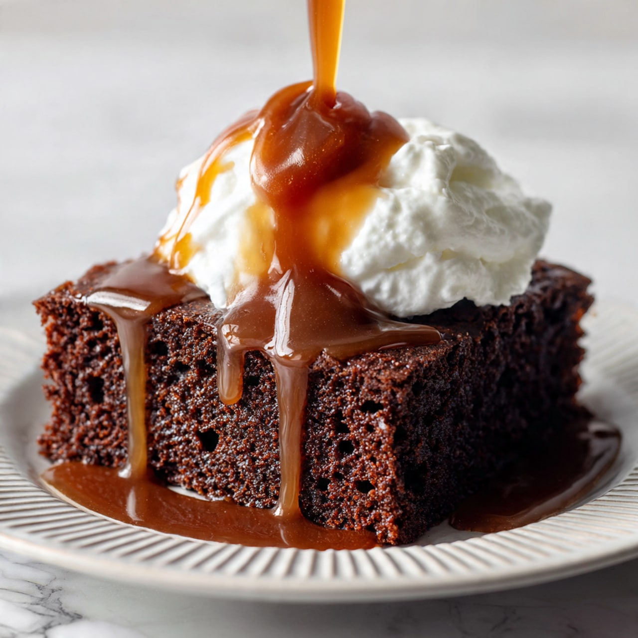 This image shows a deep, dark brown pudding in a black baking tray with a shiny layer of sticky sauce on top. One corner of the pudding is scooped out, revealing a moist and dense texture inside, with darker and lighter brown crumbs. A silver spoon rests in the scooped area, coated with sauce and bits of pudding. The tray sits on a white marbled surface. photo taken with an iphone --ar 4:5 --v 7