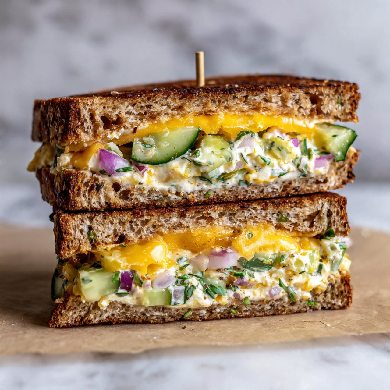 The image shows a close-up of a stack of three toasted sandwiches, each with two layers of brown, seeded bread that is golden and crispy on the outside. Inside the sandwiches, there are two distinct filling layers: a creamy mix with visible chunks of white and light green ingredients, likely chopped vegetables or eggs, mixed with fresh green herbs, and a bright yellow layer of melted cheese that adds a smooth texture between the bread and the filling. The sandwiches are stacked unevenly, showing the cross-section clearly with the fillings oozing slightly at the edges. The background surface is a white marbled texture that contrasts with the warm colors of the sandwich. Photo taken with an iphone --ar 4:5 --v 7