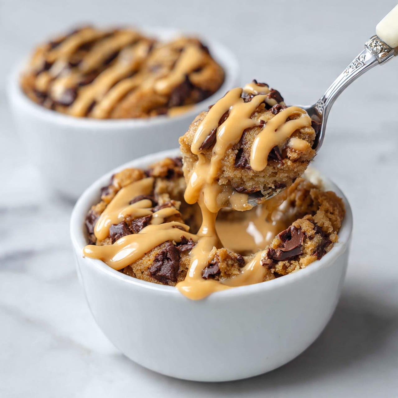 A white round ramekin holds a baked chocolate chip cookie with a light golden-brown top and visible melted chocolate chips all over. On top of the cookie, there is a thick, smooth swirl of peanut butter cream, medium brown in color, partially covering the cookie with some areas left exposed. Additional shiny chocolate chips are scattered on top of the peanut butter layer. The ramekin sits on a white marbled surface with a small chocolate chip nearby. Another ramekin with a baked cookie and peanut butter cream is partially visible in the top right corner. photo taken with an iphone --ar 4:5 --v 7
